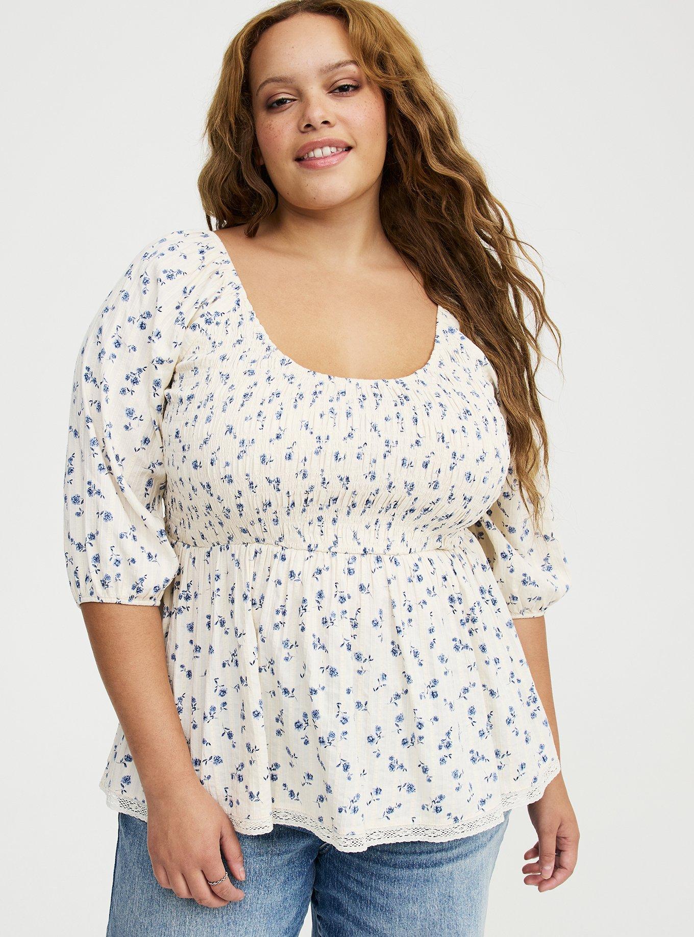 Smocked Babydoll Top, FLO FLORAL IVORY, hi-res