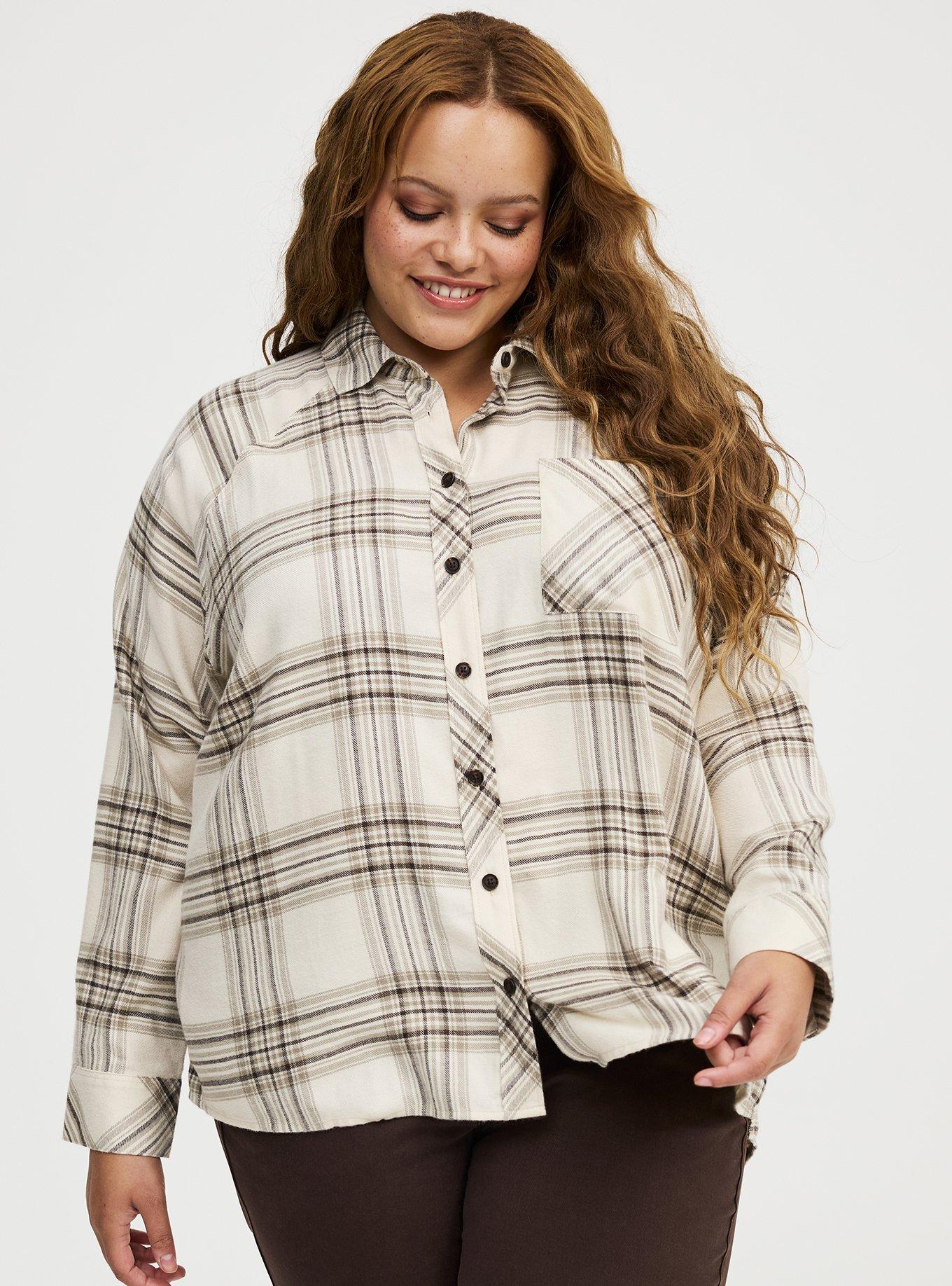 Plus Size Relaxed Button-Up Shirt, PIA PLAID IVORY, hi-res