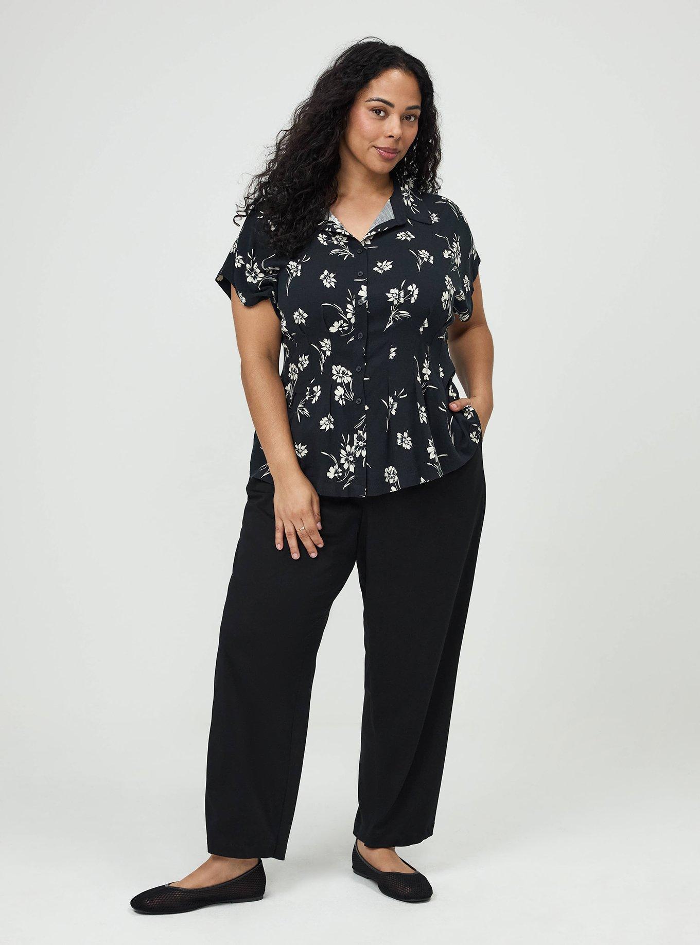 Plus Size Button Up Pintuck Shirt, CARA SILHOUETTE BLACK, alternate