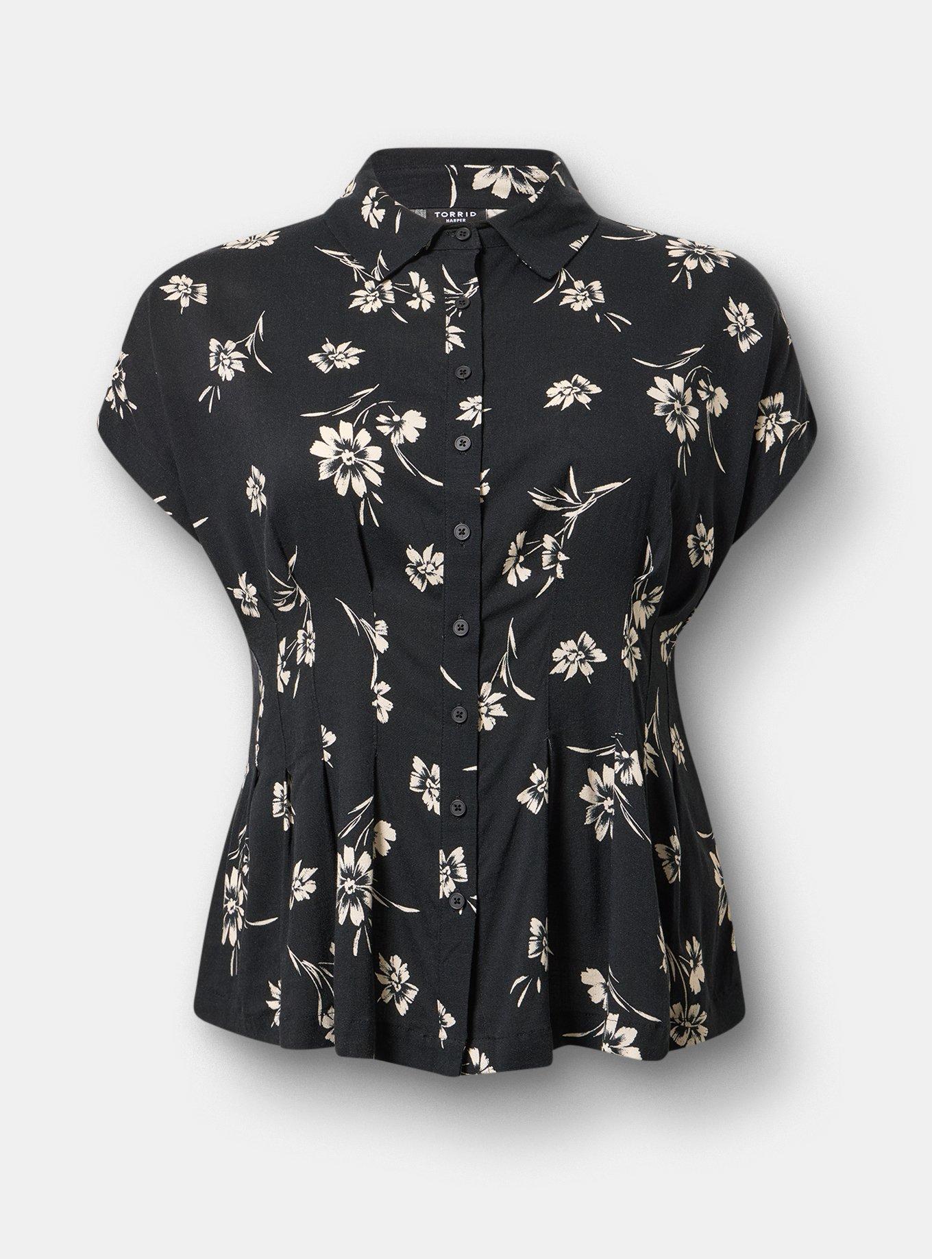 Plus Size Button Up Pintuck Shirt, CARA SILHOUETTE BLACK, flat