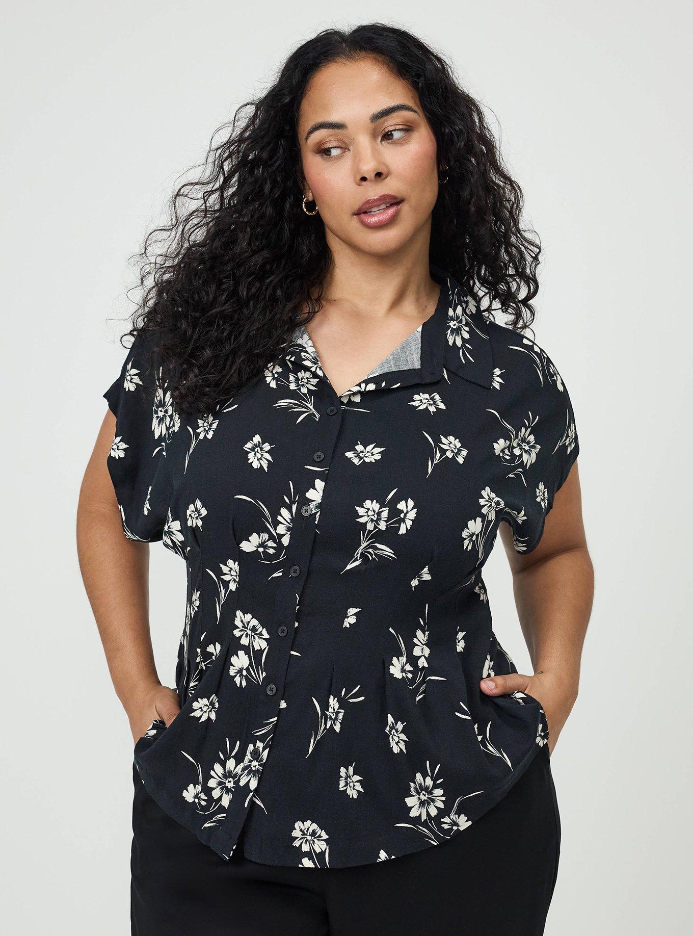 Plus Size Button Up Pintuck Shirt, CARA SILHOUETTE BLACK, hi-res