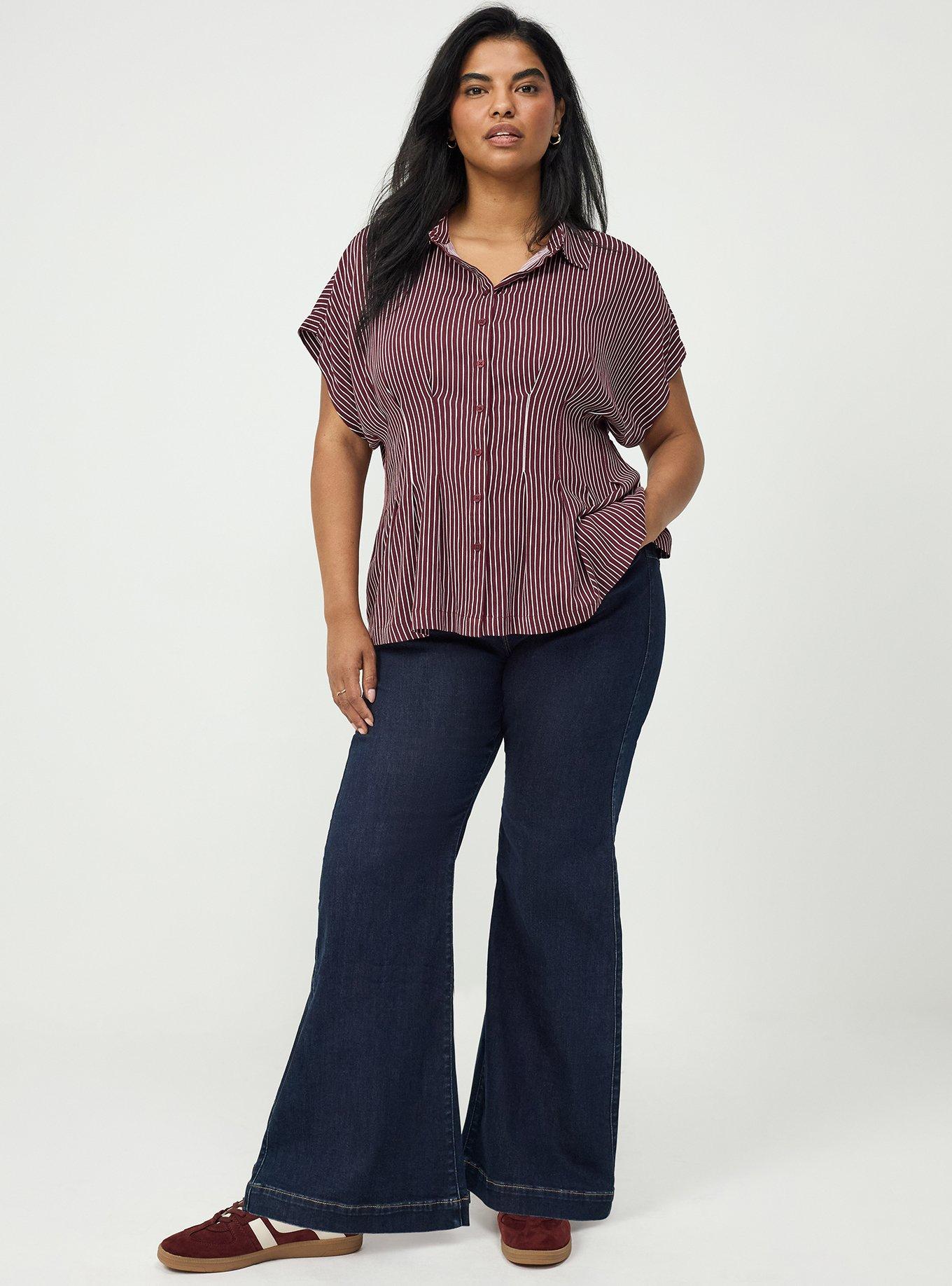 Plus Size Button Up Pintuck Shirt, PENCIL PINSTRIPE MAROON BANNER, alternate