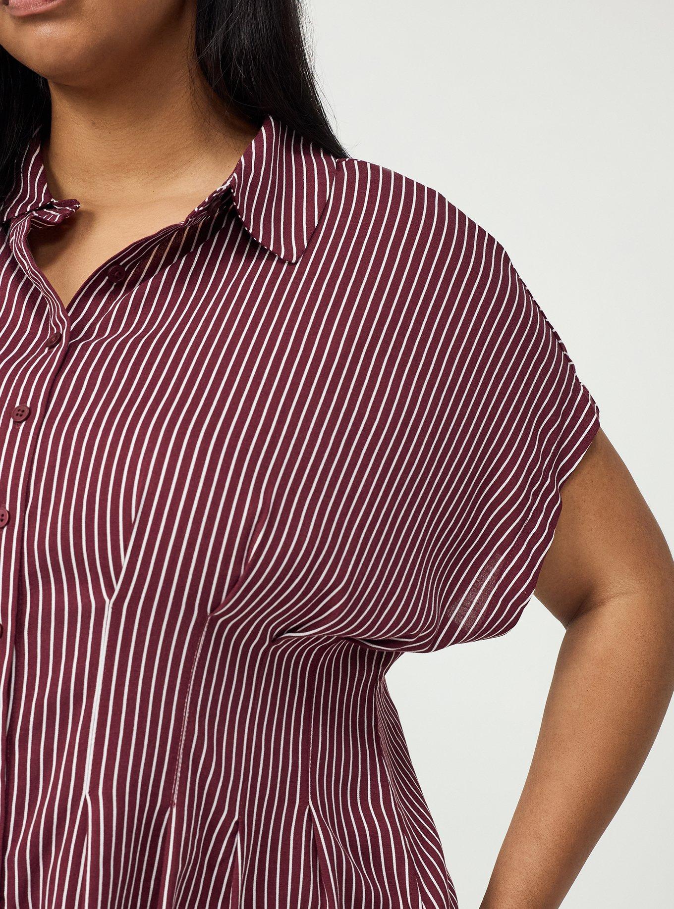Plus Size Button Up Pintuck Shirt, PENCIL PINSTRIPE MAROON BANNER, alternate