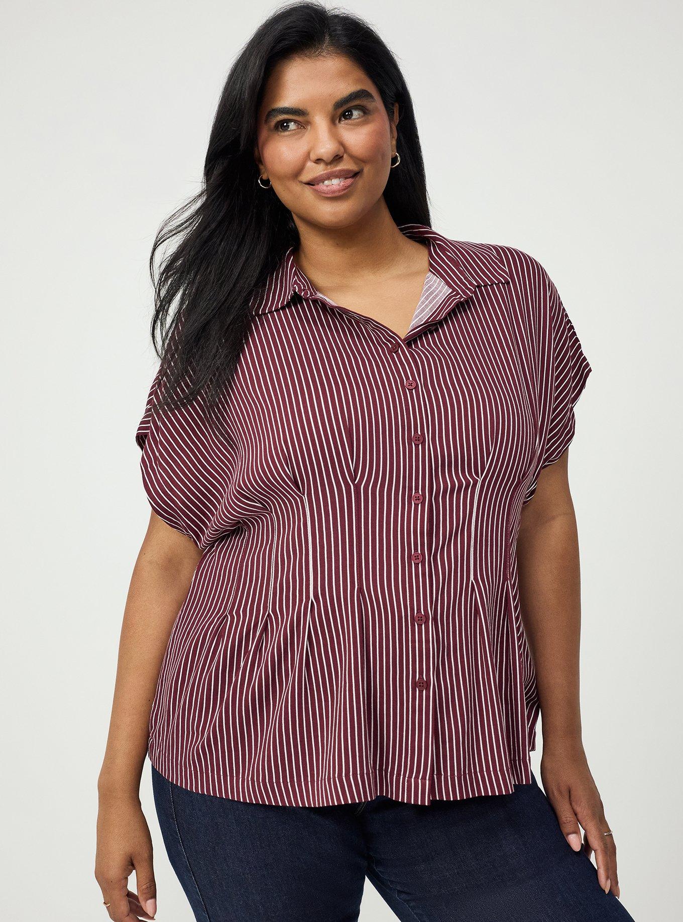 Plus Size Button Up Pintuck Shirt, PENCIL PINSTRIPE MAROON BANNER, hi-res