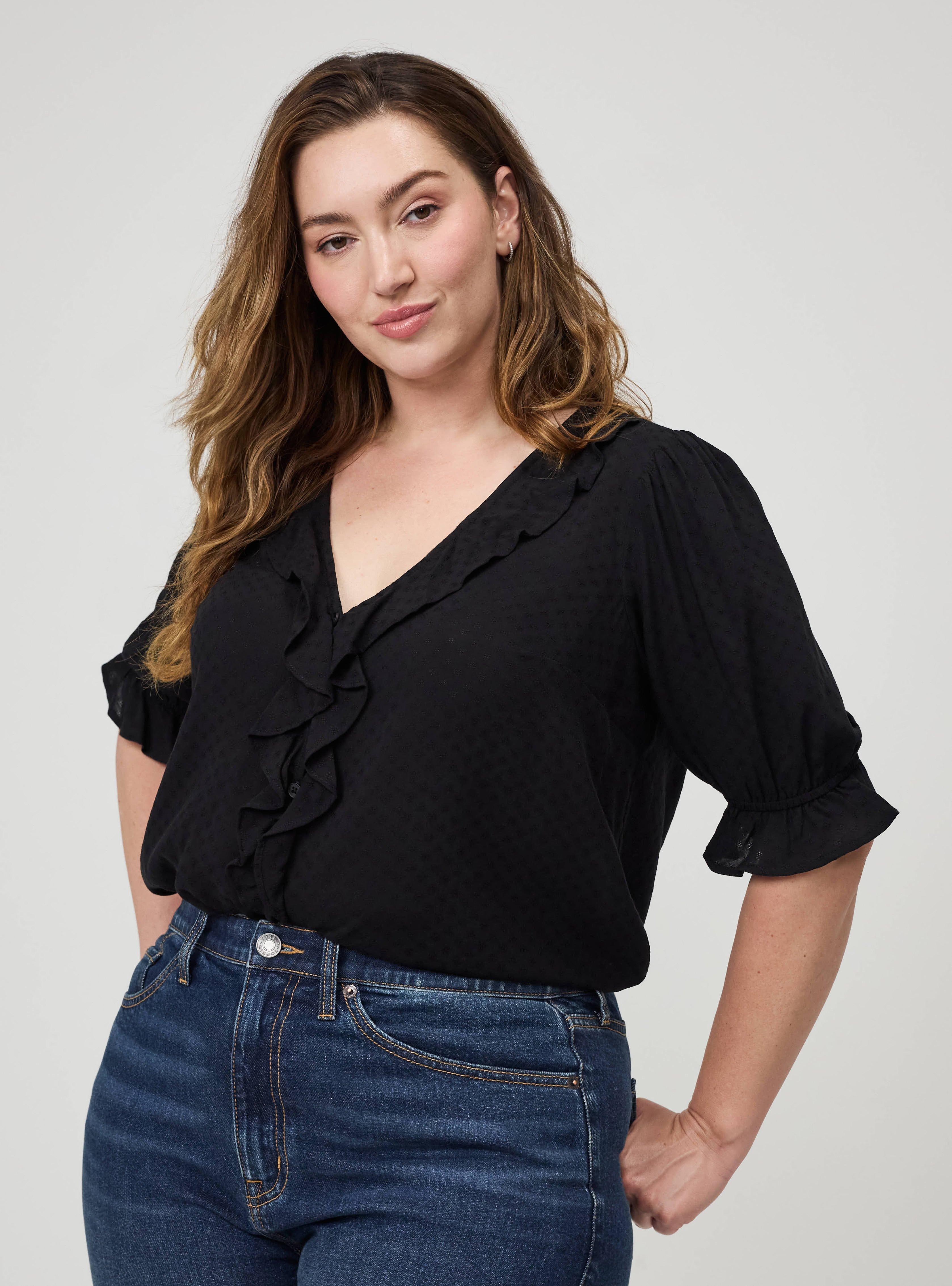 Ruffle Trim Blouse, DEEP BLACK, alternate