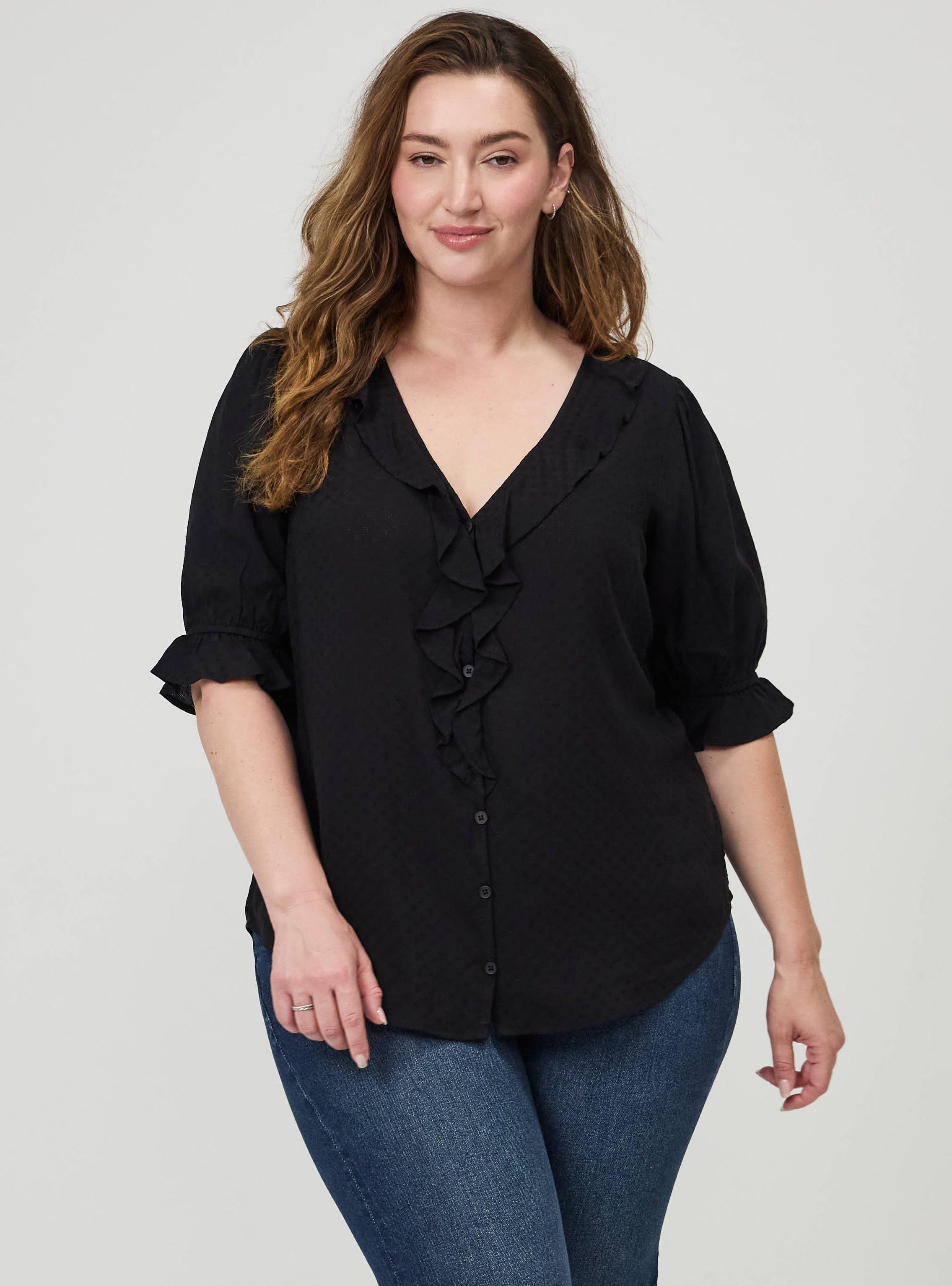 Ruffle Trim Blouse, DEEP BLACK, alternate