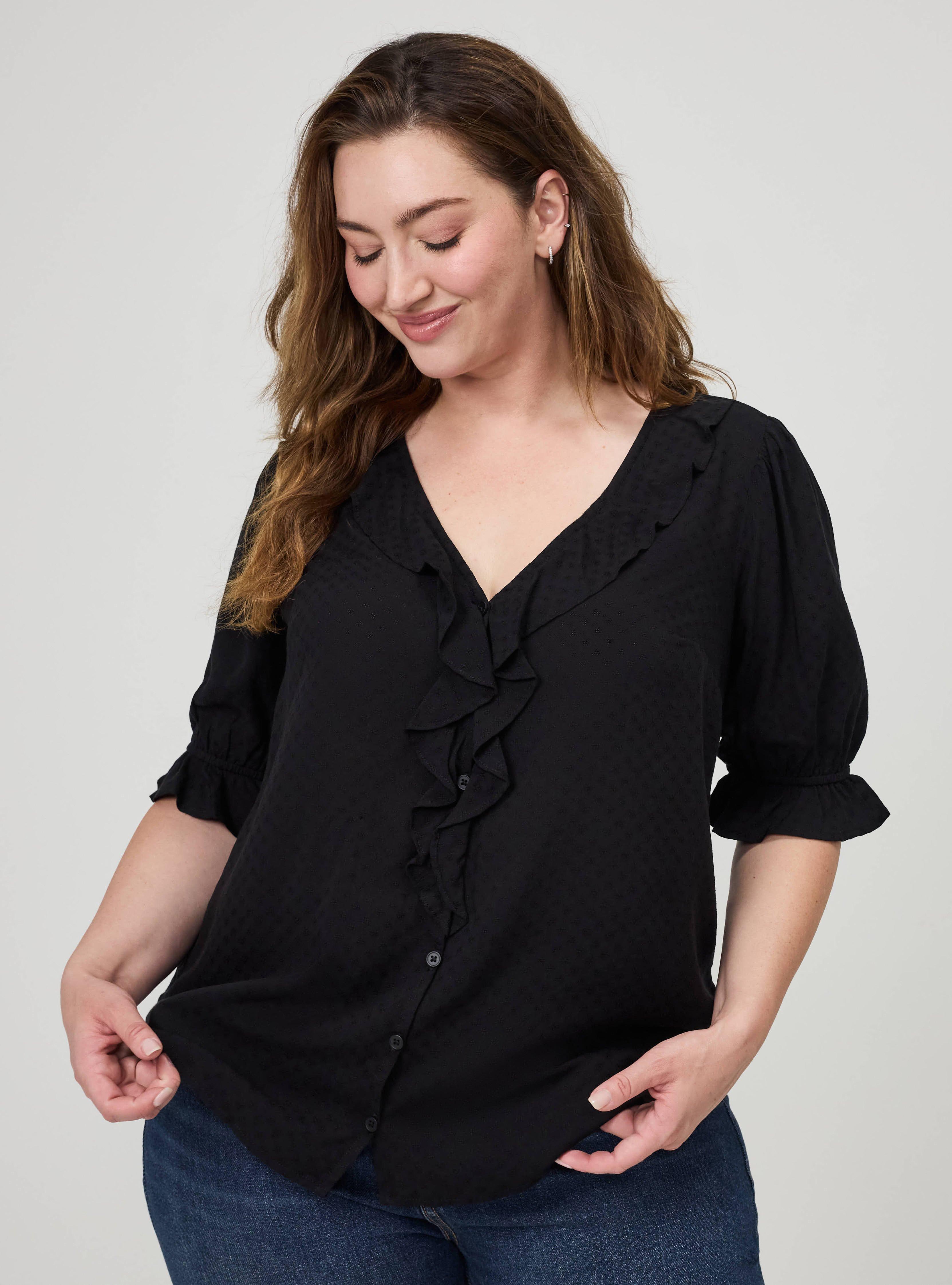 Ruffle Trim Blouse, DEEP BLACK, hi-res