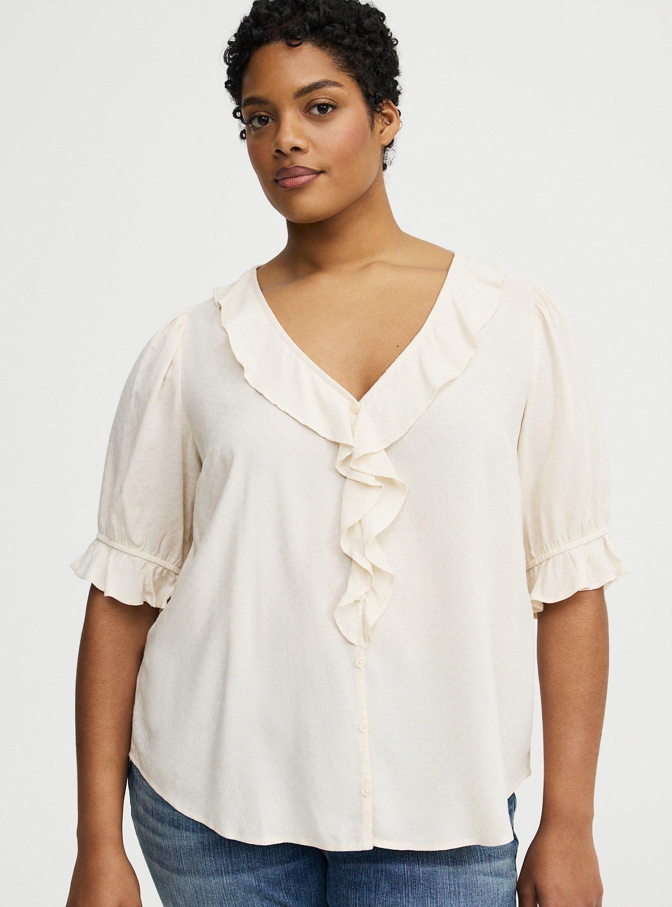 Plus Size Ruffle Trim Blouse, WHITE SWAN, hi-res