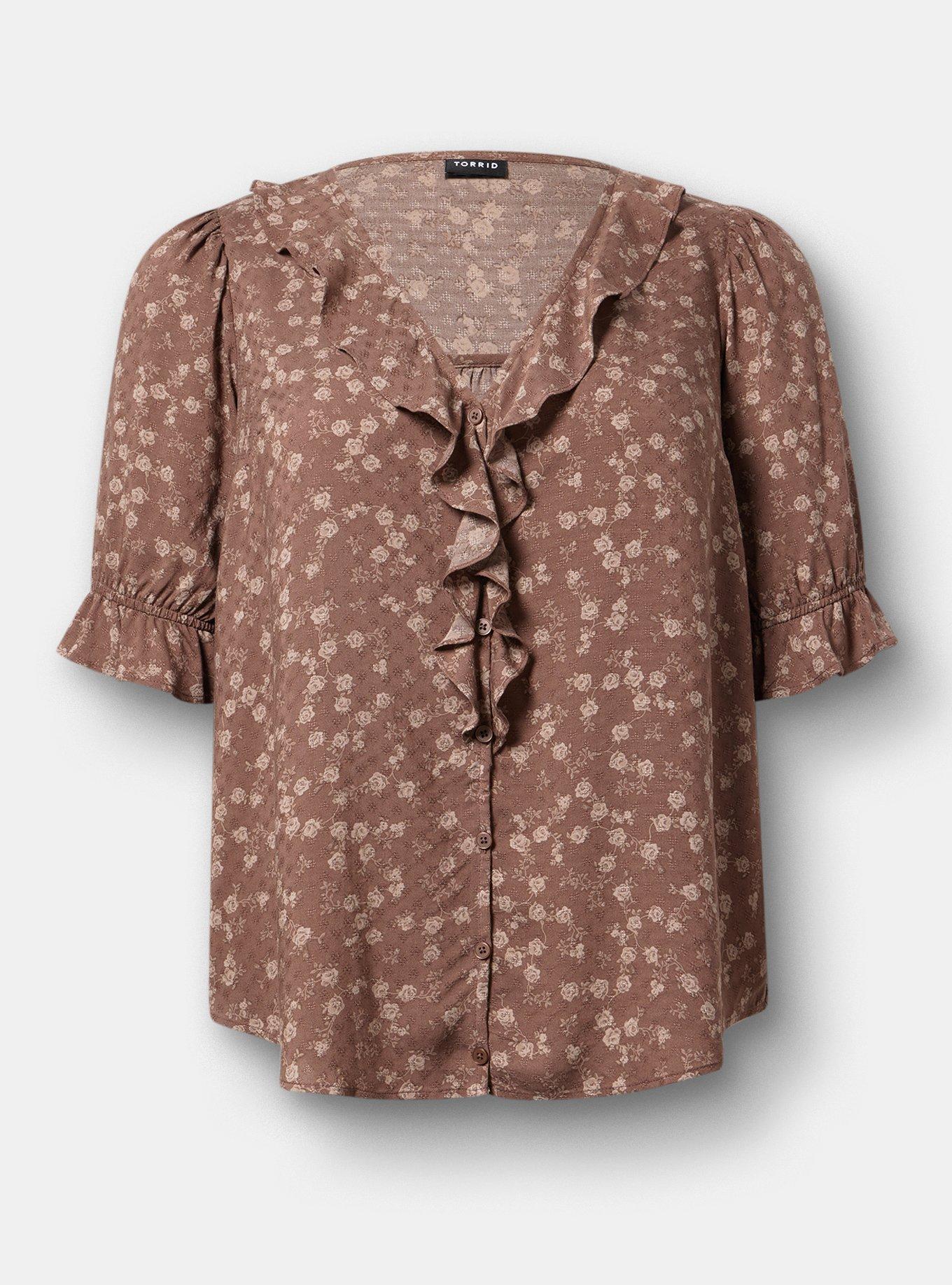 Ruffle Trim Blouse, RENA DITSY FLORAL BROWN, hi-res
