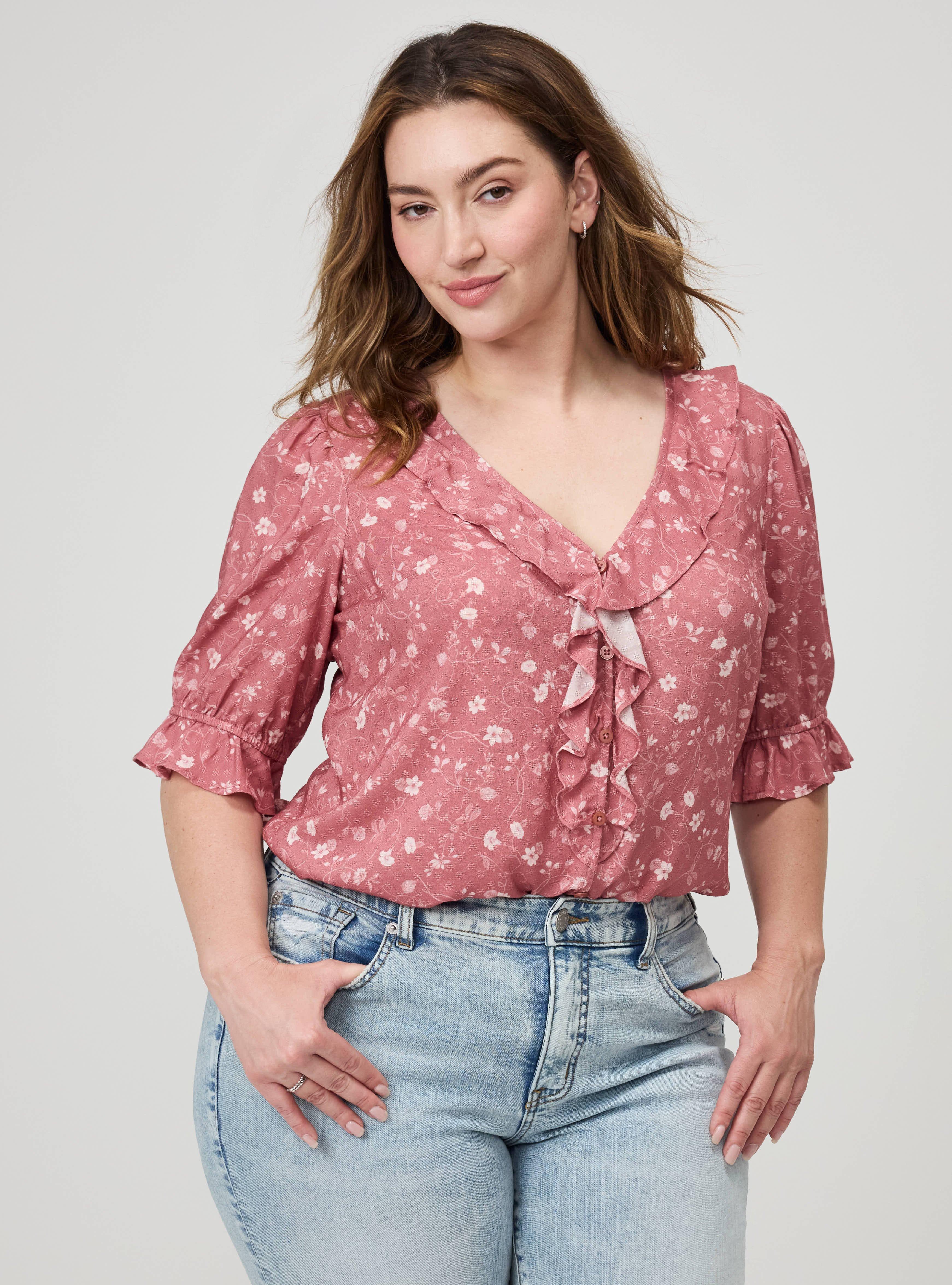 Ruffle Trim Blouse, JEAN VINE FLORAL PINK, alternate