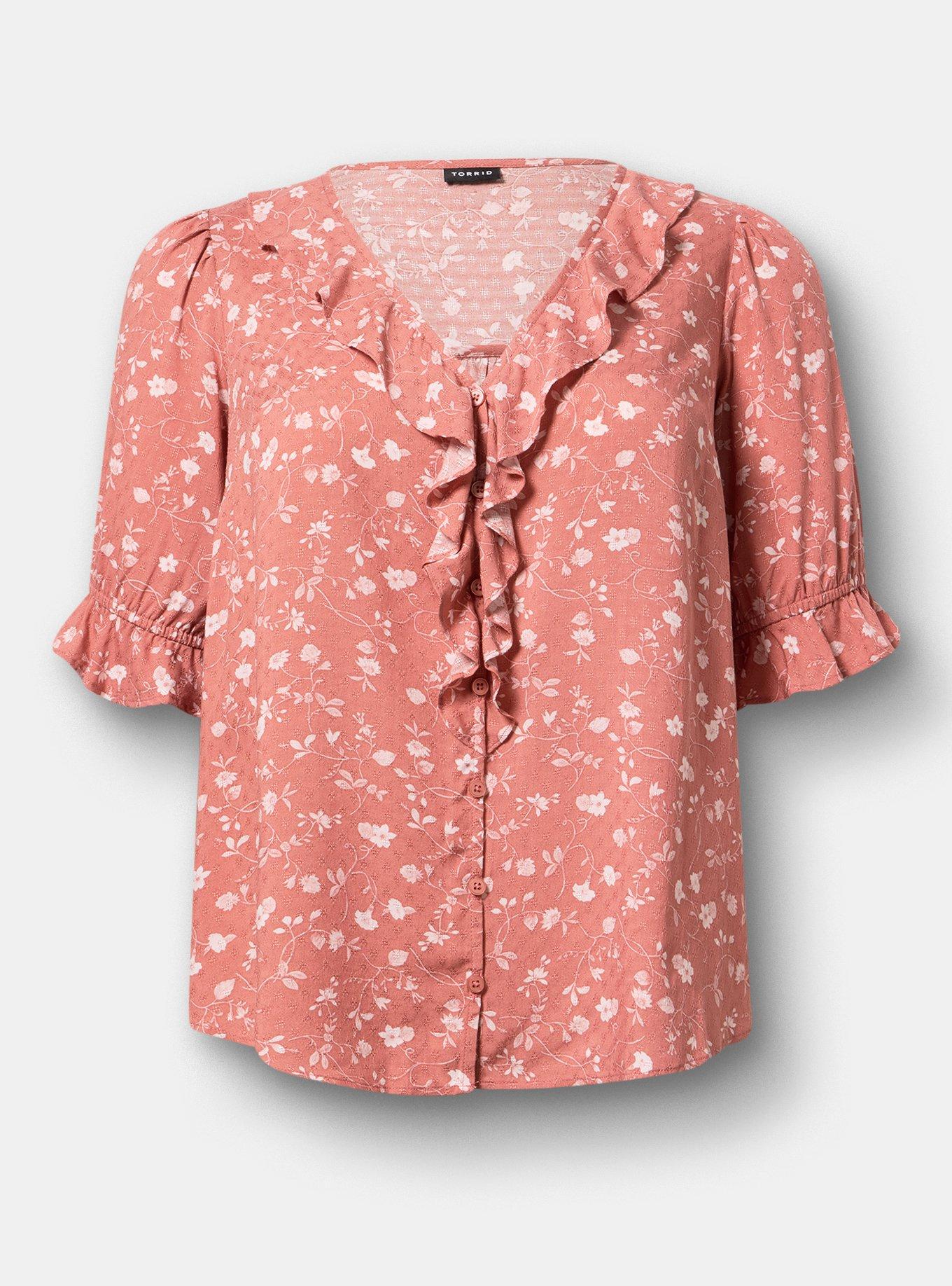 Ruffle Trim Blouse, JEAN VINE FLORAL PINK, flat