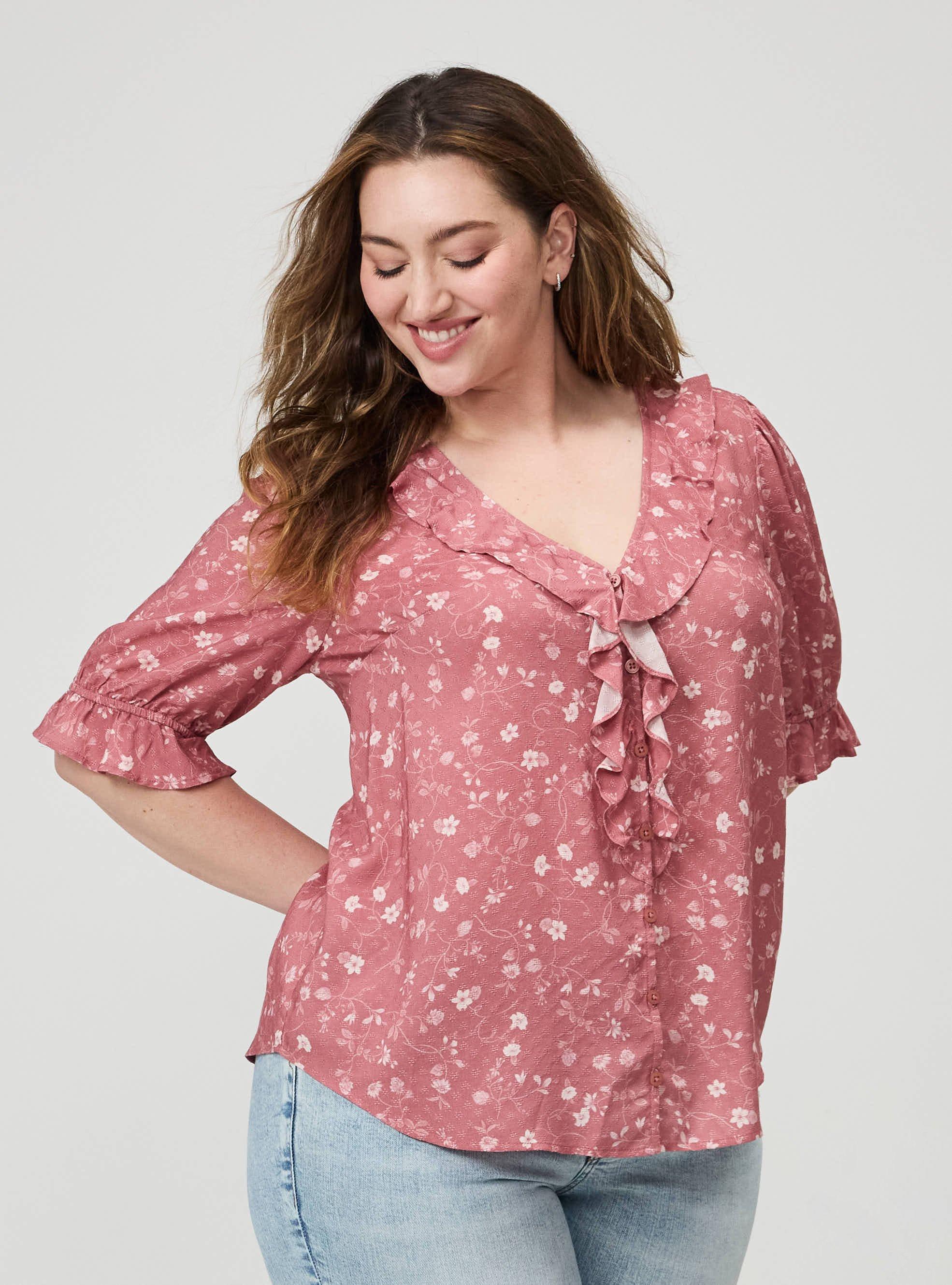 Ruffle Trim Blouse, JEAN VINE FLORAL PINK, hi-res