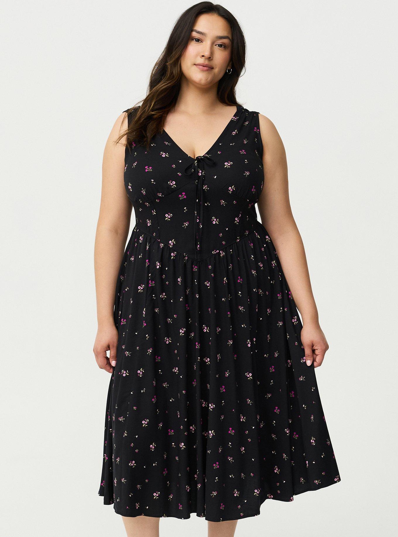 Corset Detail Midi Dress, NEON DITSY FLORAL BLACK, alternate