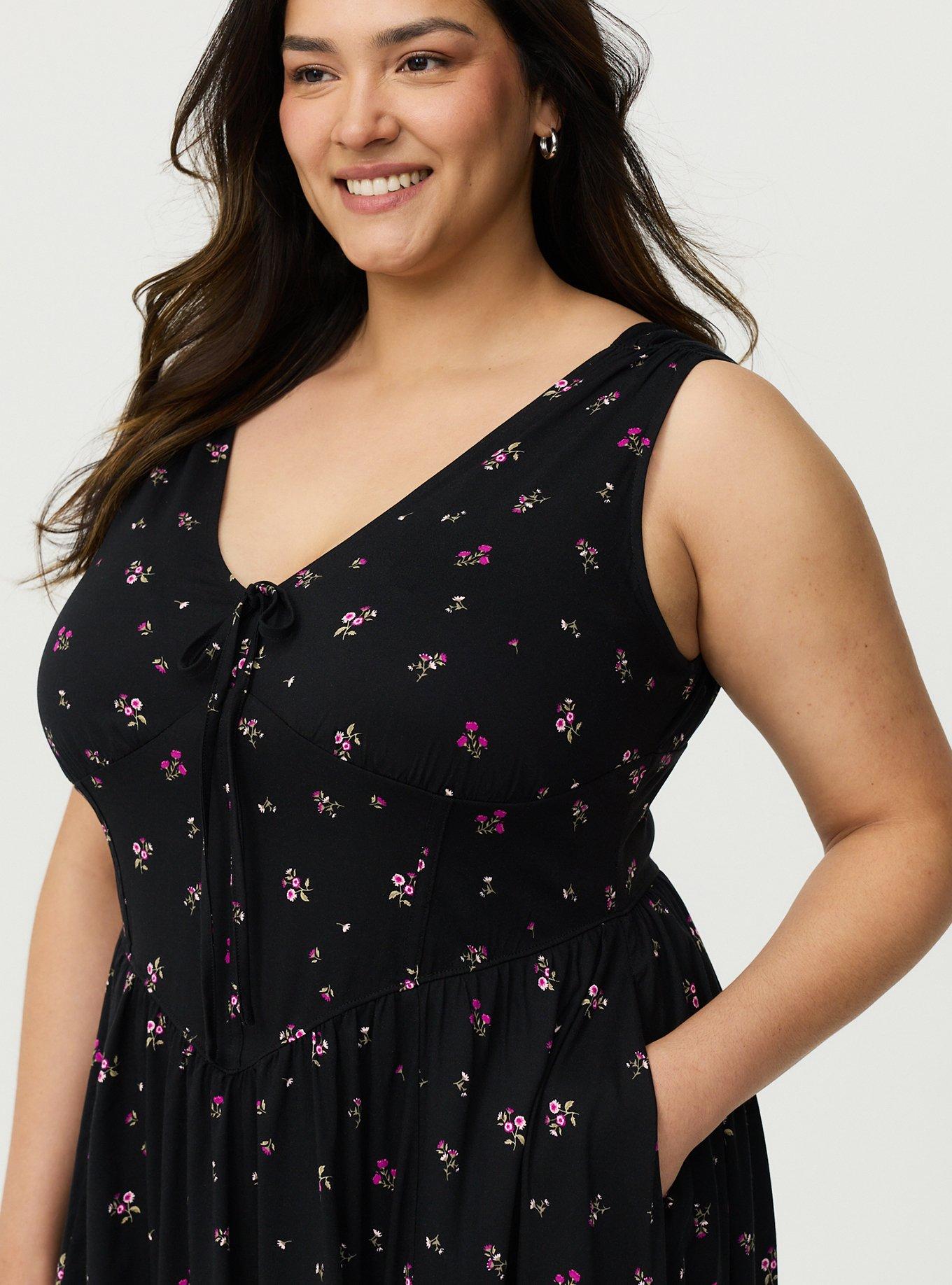 Corset Detail Midi Dress, NEON DITSY FLORAL BLACK, alternate