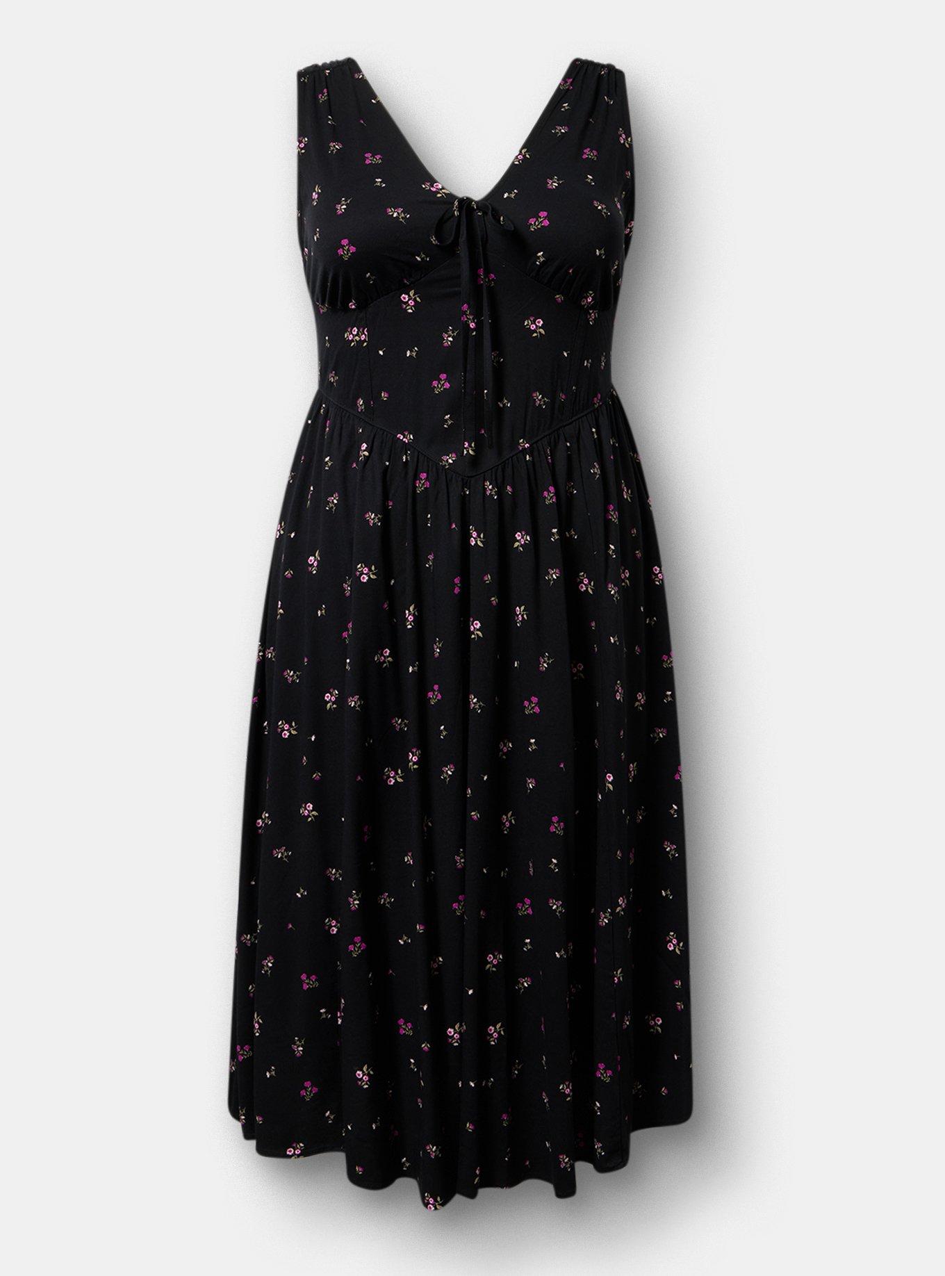 Corset Detail Midi Dress, NEON DITSY FLORAL BLACK, hi-res