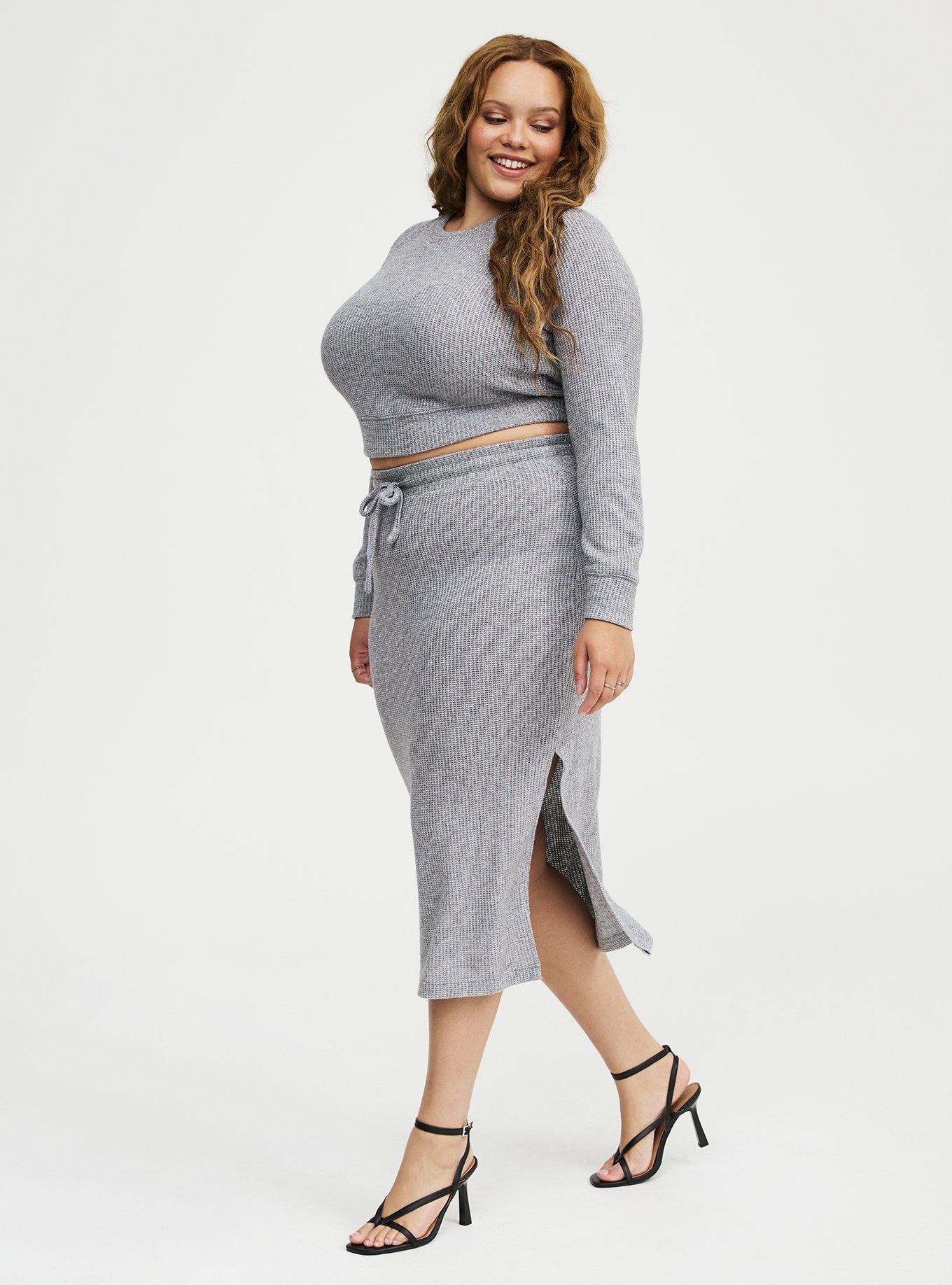Waffle Knit Sweatshirt Skirt Set, GREY AND SILVER LUREX, alternate