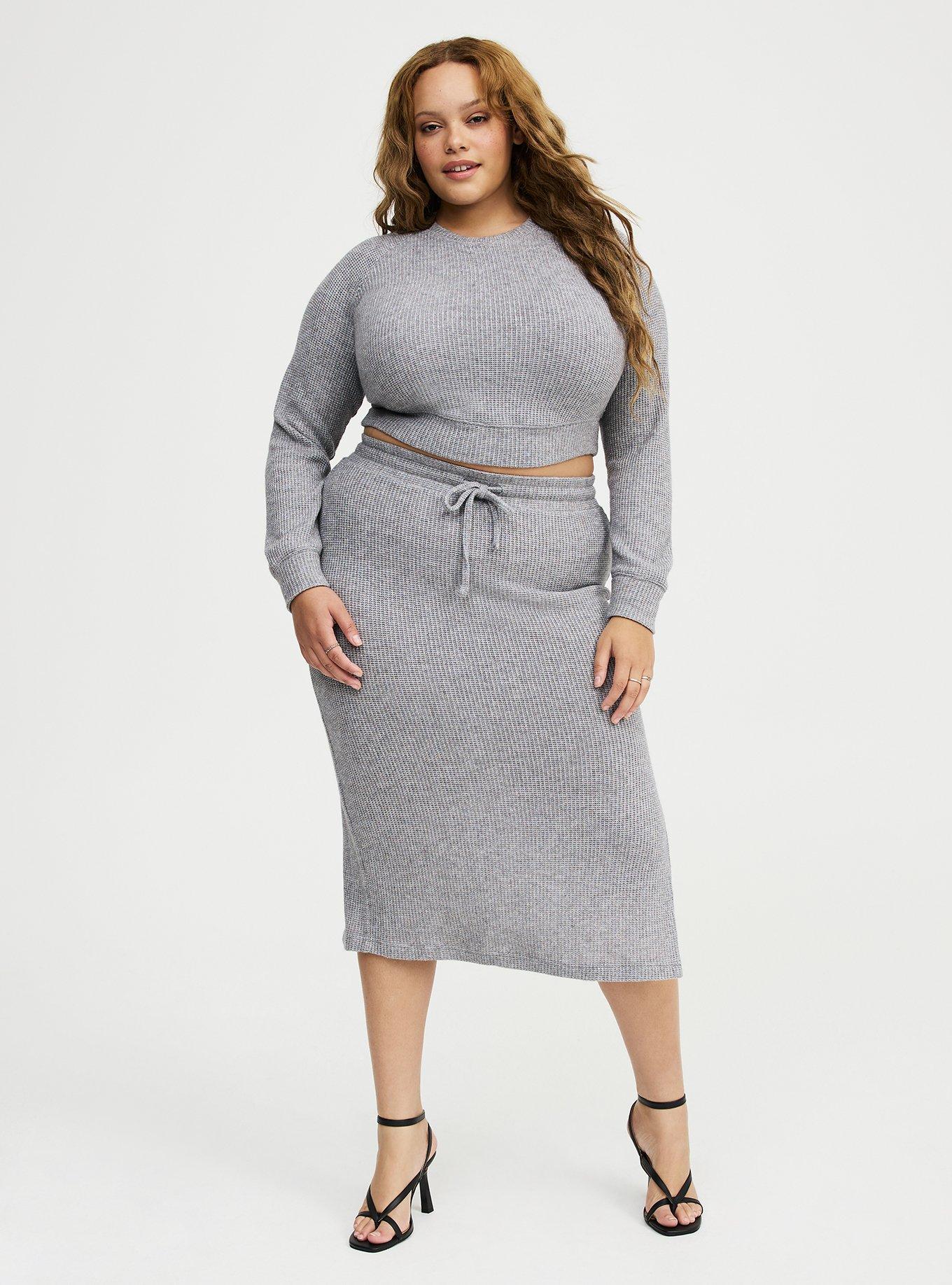 Plus Size Waffle Knit Sweatshirt Skirt Set, GREY AND SILVER LUREX, hi-res