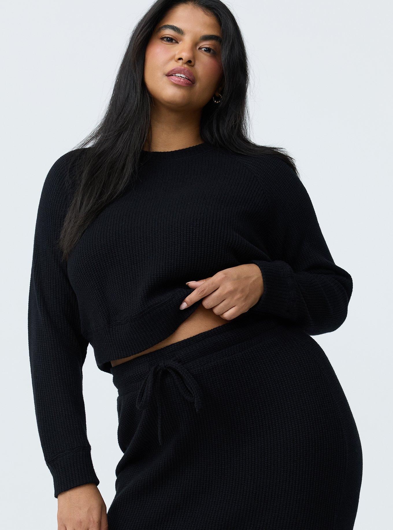 Waffle Knit Sweatshirt Skirt Set, SOLID BLACK, alternate
