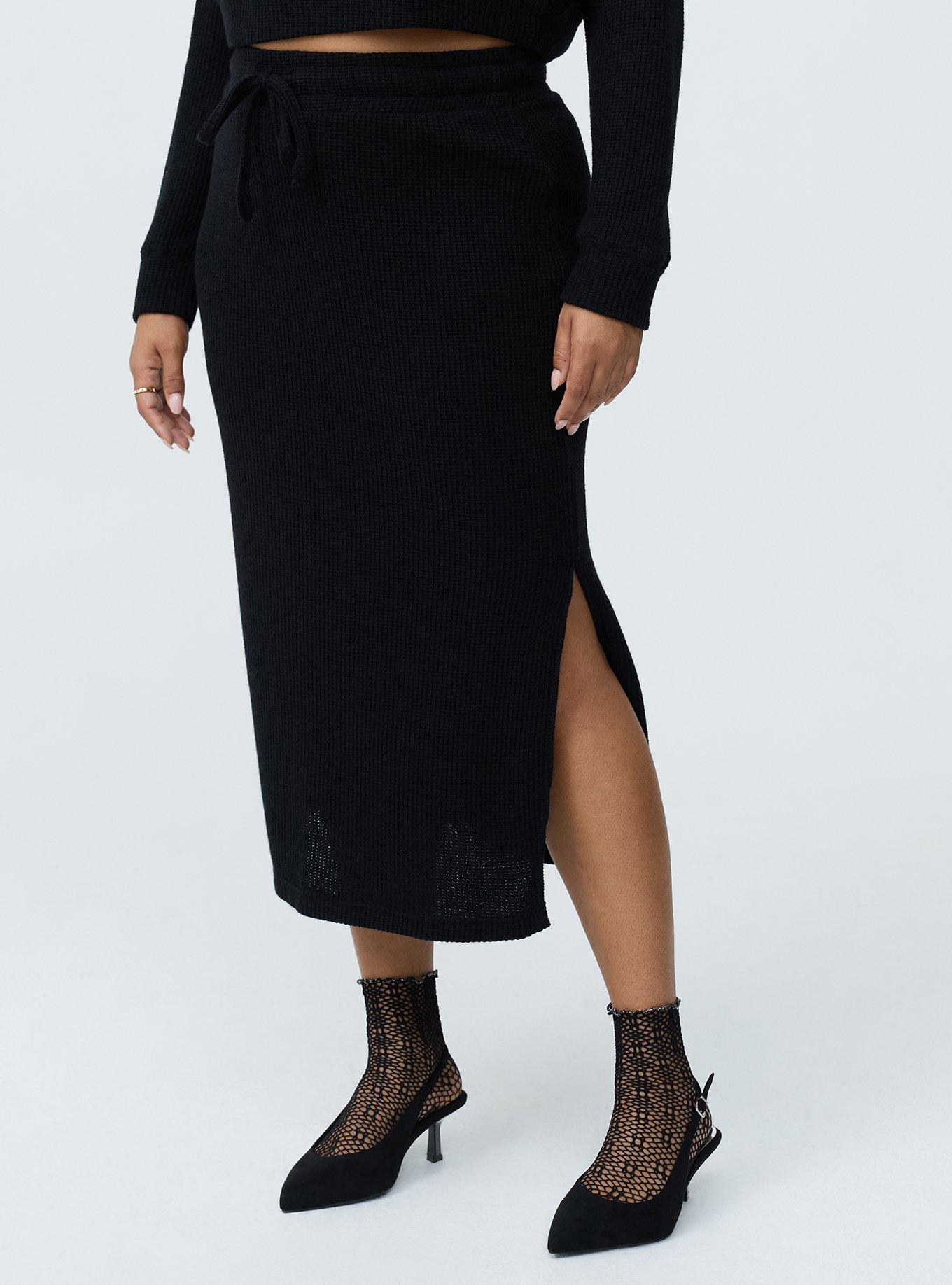 Waffle Knit Sweatshirt Skirt Set, SOLID BLACK, alternate