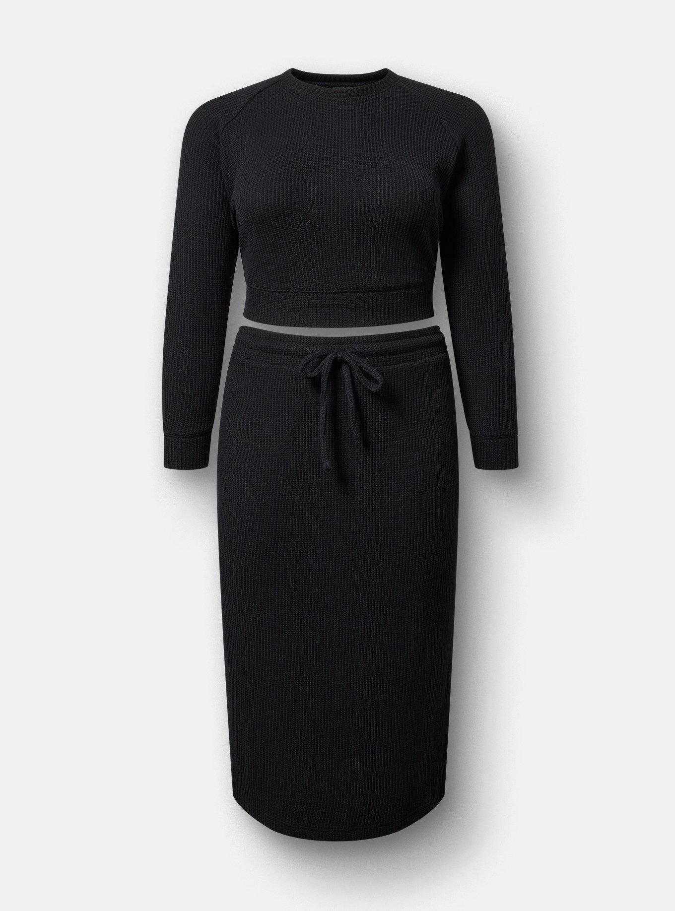 Waffle Knit Sweatshirt Skirt Set, SOLID BLACK, hi-res