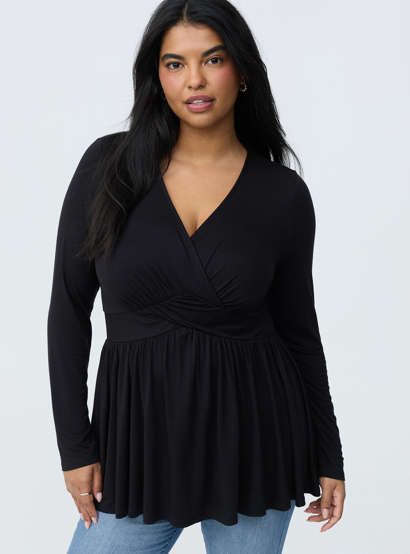 Twist Front Slinky Babydoll Tunic Top, DEEP BLACK, hi-res