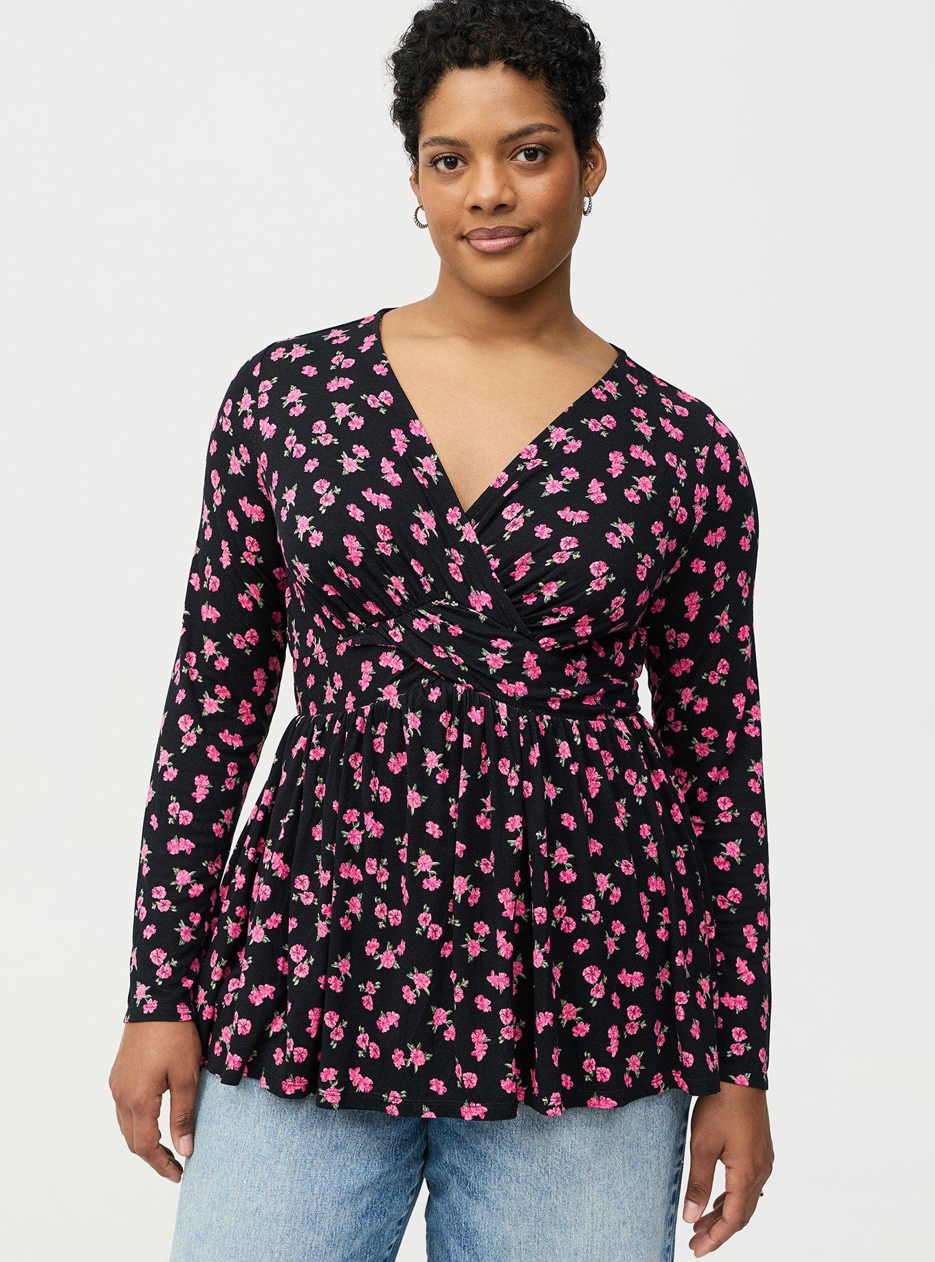 Plus Size Twist Front Slinky Babydoll Tunic Top, JENNA FLORAL BLACK, hi-res