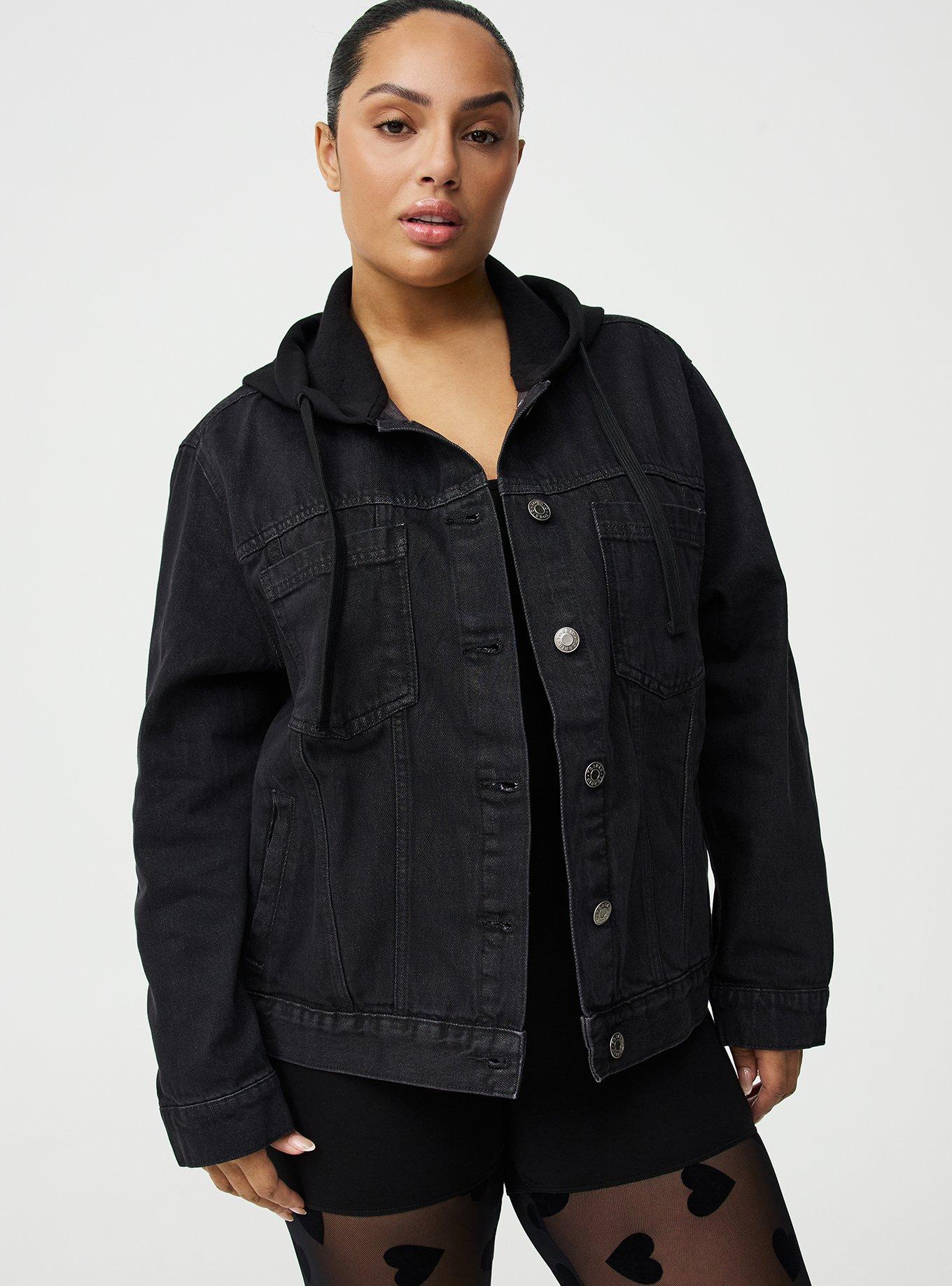 Plus Size Relaxed Hooded Denim Trucker Jacket, BLACK WASH, hi-res