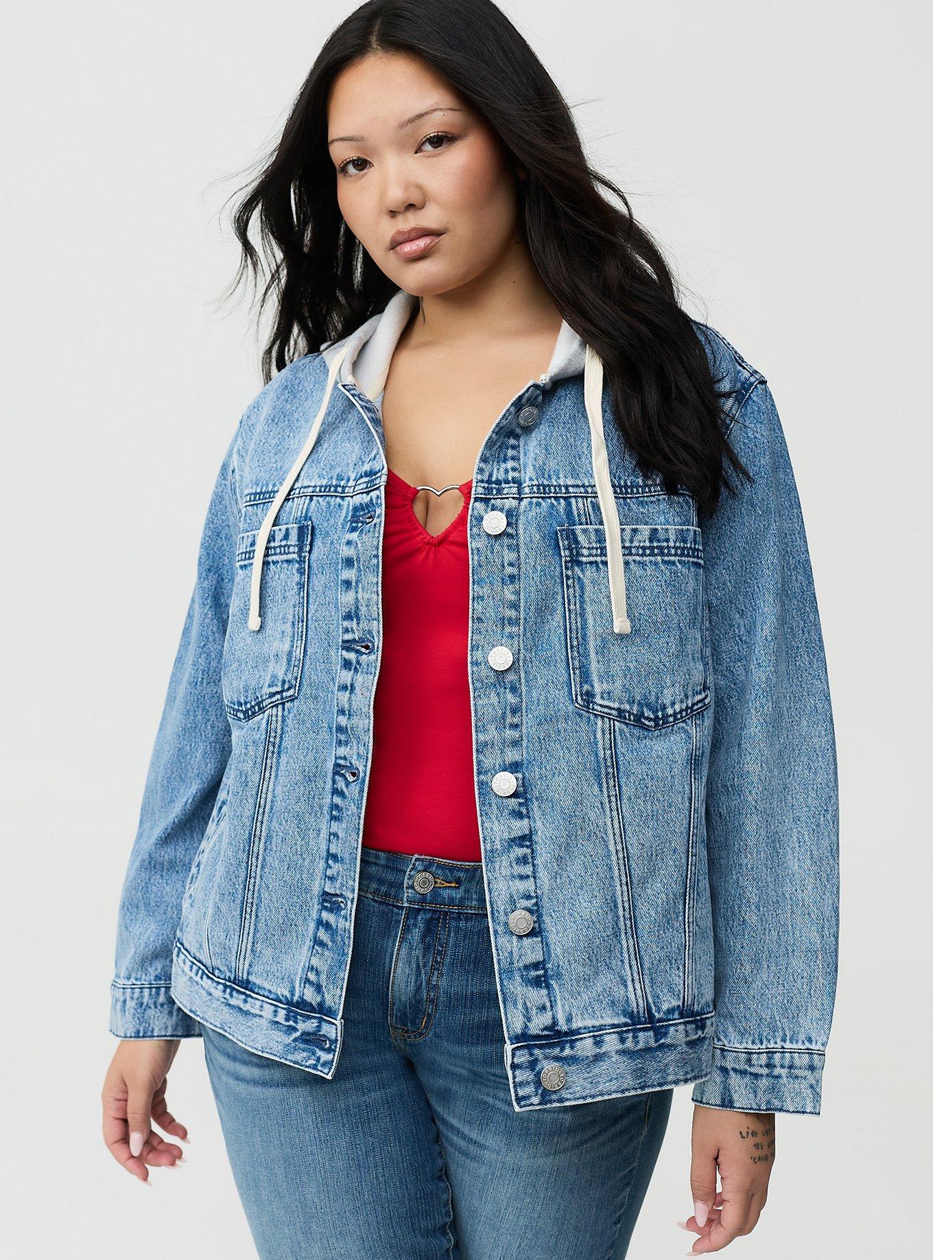 Plus Size Relaxed Hooded Denim Trucker Jacket, LIBRE, hi-res