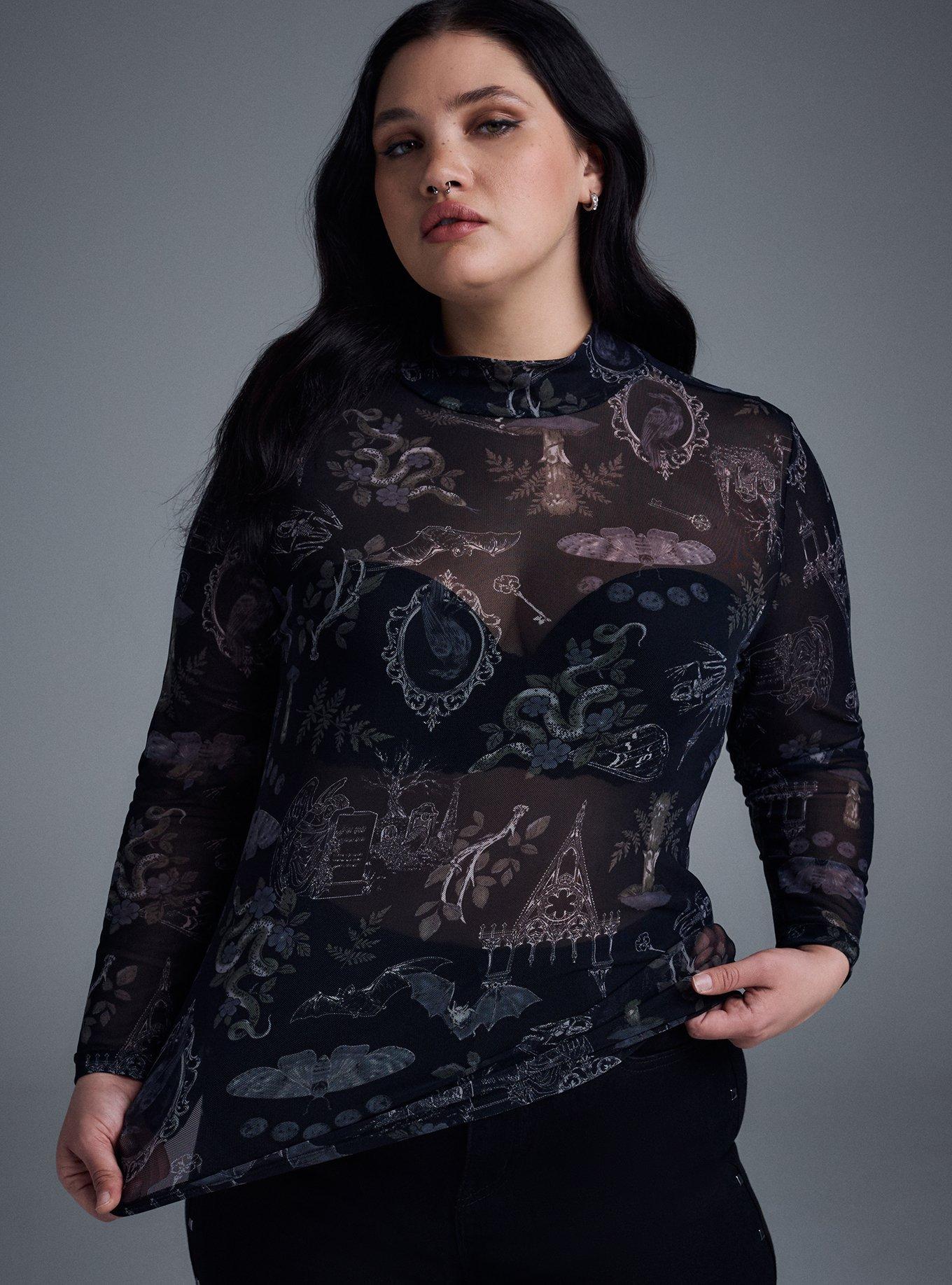 Nightfall Mesh Mock Neck Top, PERSOPHONES FOREST BLACK, hi-res