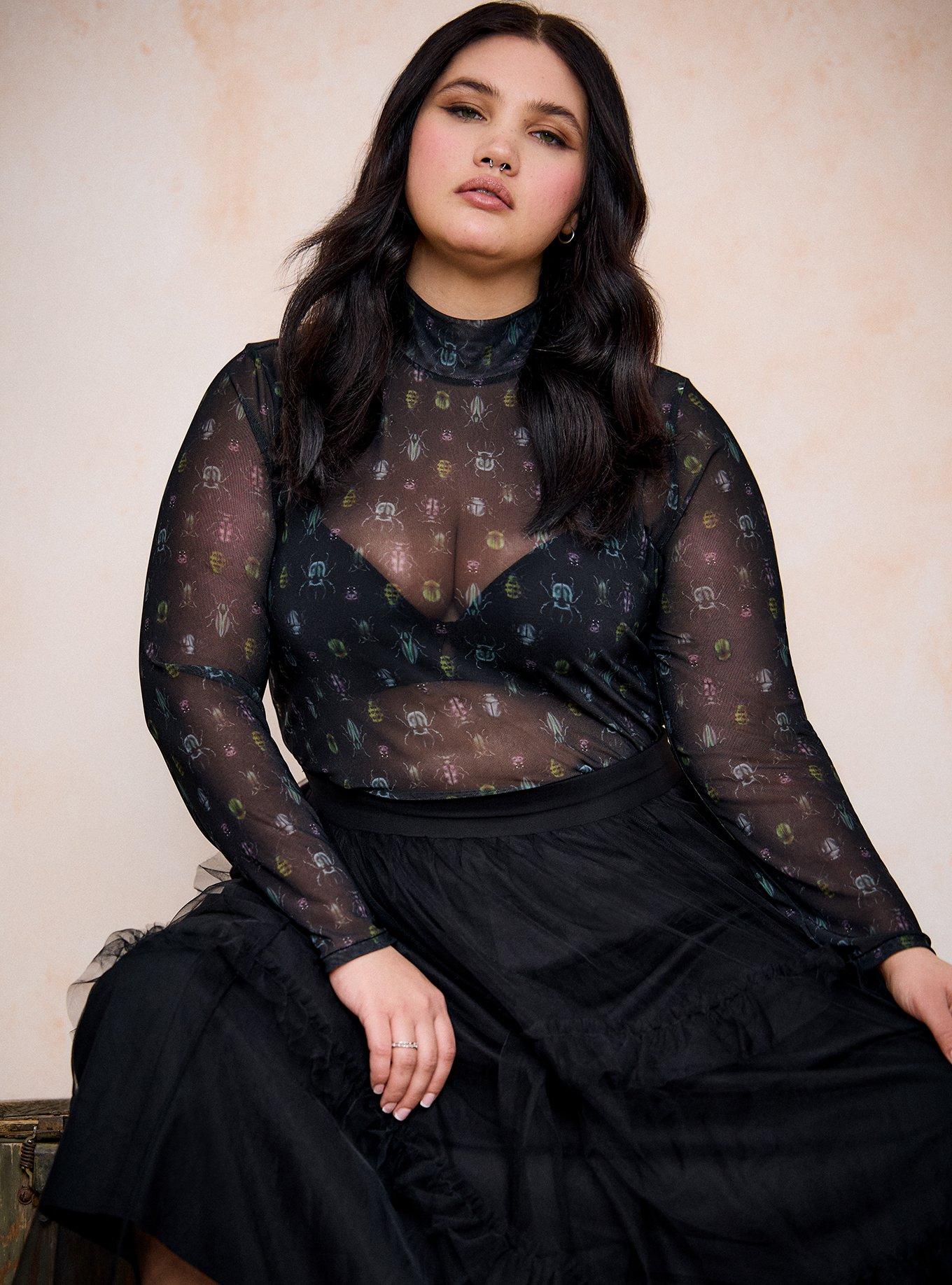 Plus Size Nightfall Mesh Mock Neck Top, BEETLES BLACK, hi-res