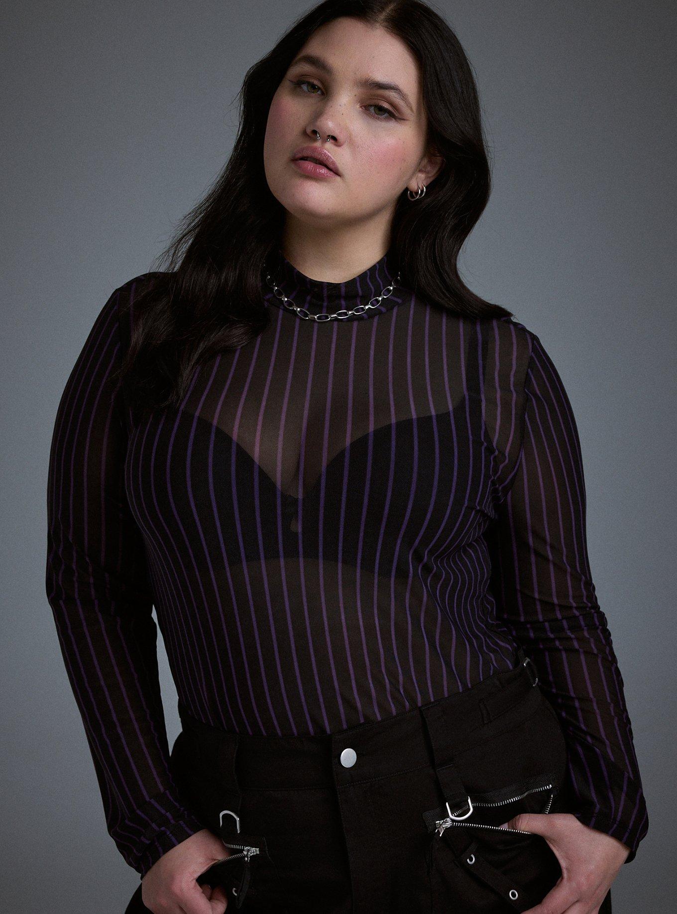 Nightfall Mesh Mock Neck Top, BURNOUT STRIPE BLACK, hi-res