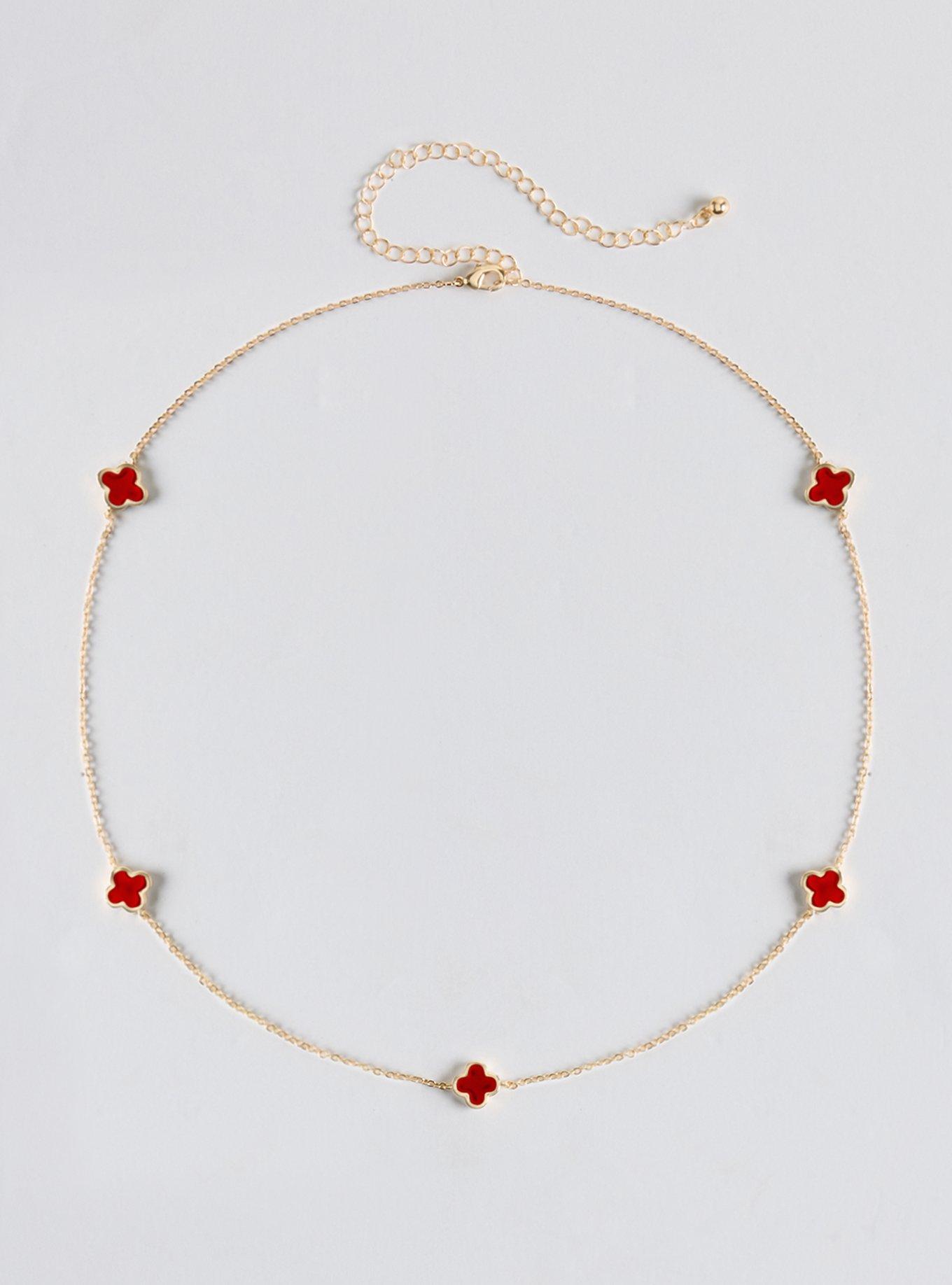 Clover Delicate Chain Necklace, RED, hi-res
