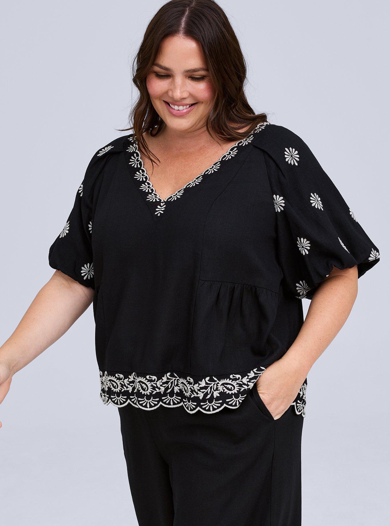 Belle Isle Embroidered Bubble Sleeve Top, DEEP BLACK, alternate