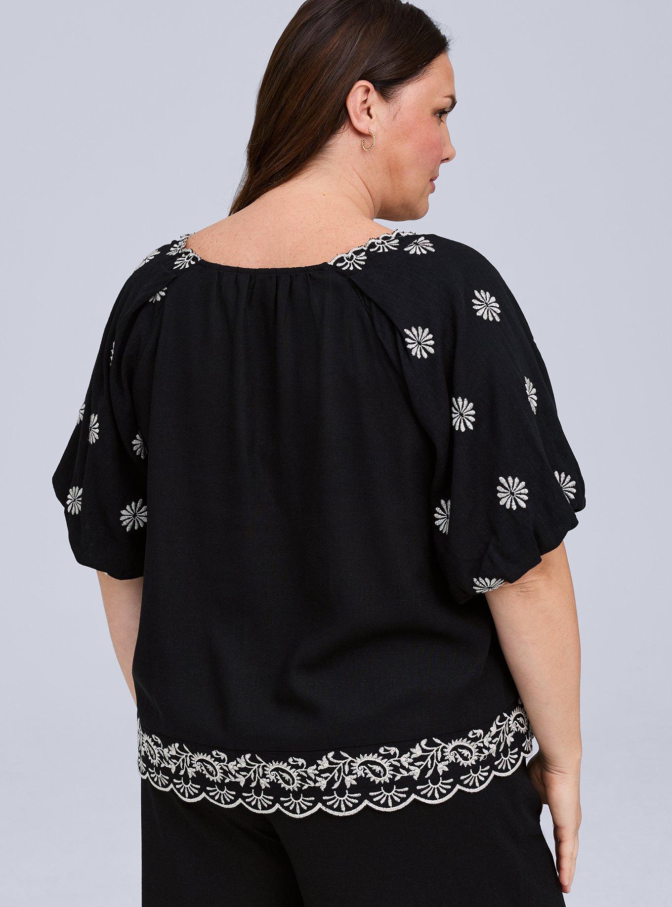 Belle Isle Embroidered Bubble Sleeve Top, DEEP BLACK, alternate