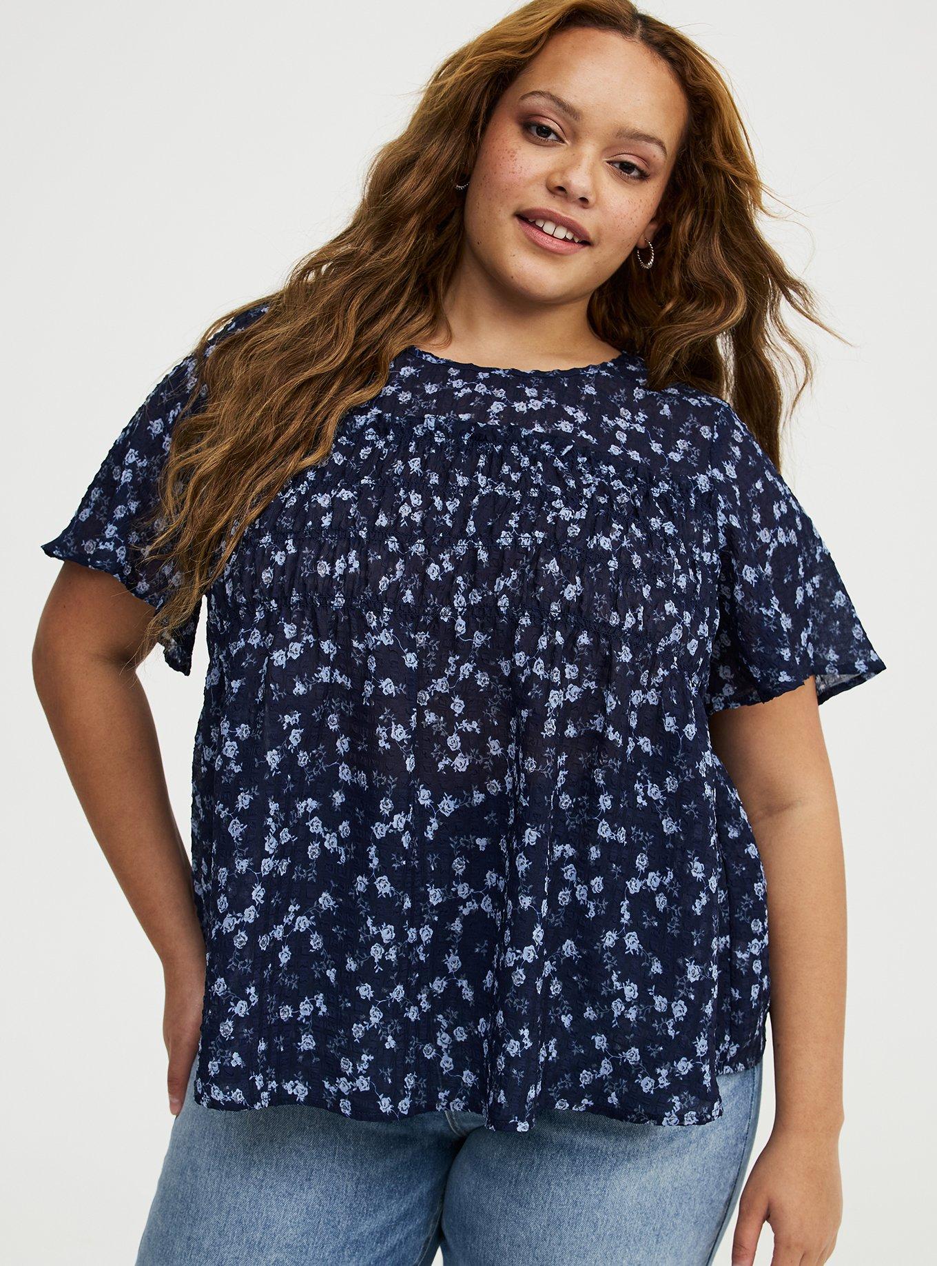 Plus Size Chiffon  Smocked Detail Top, RENA DITSY FLORAL NAVY, hi-res