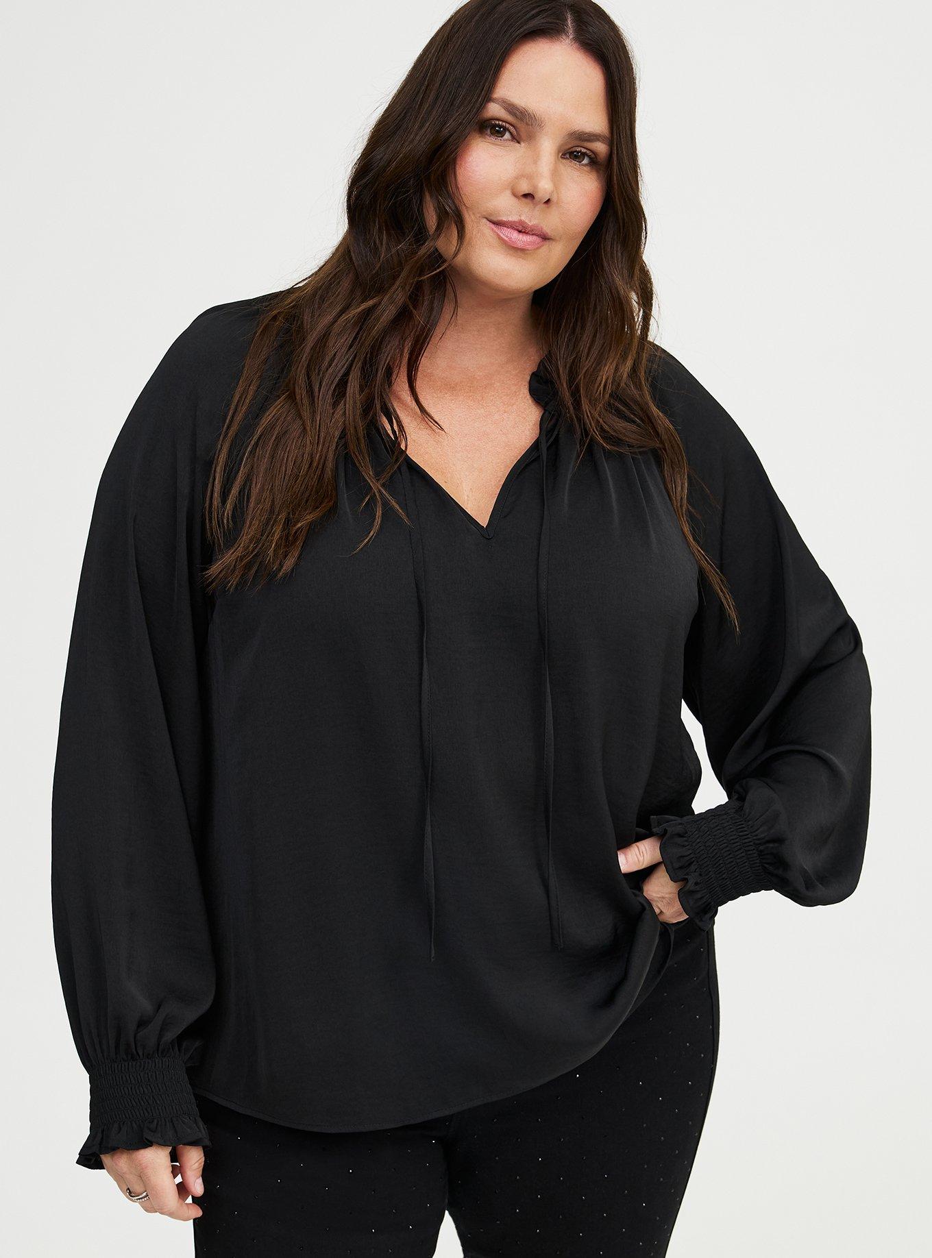 Satin Tie-Front Peasant Blouse