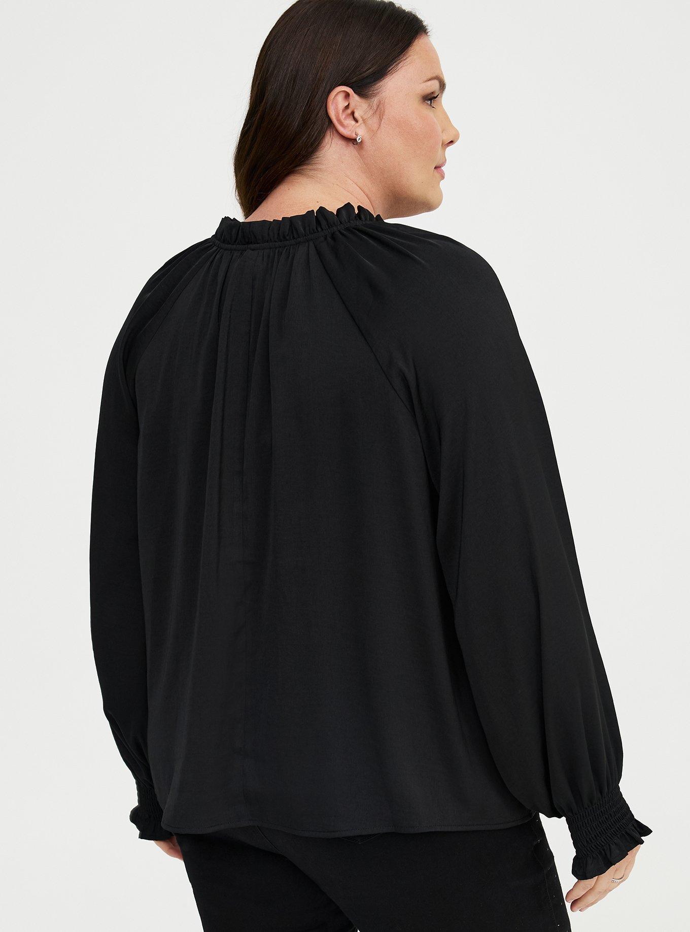 Plus Size Satin Tie-Front Peasant Blouse, DEEP BLACK, alternate