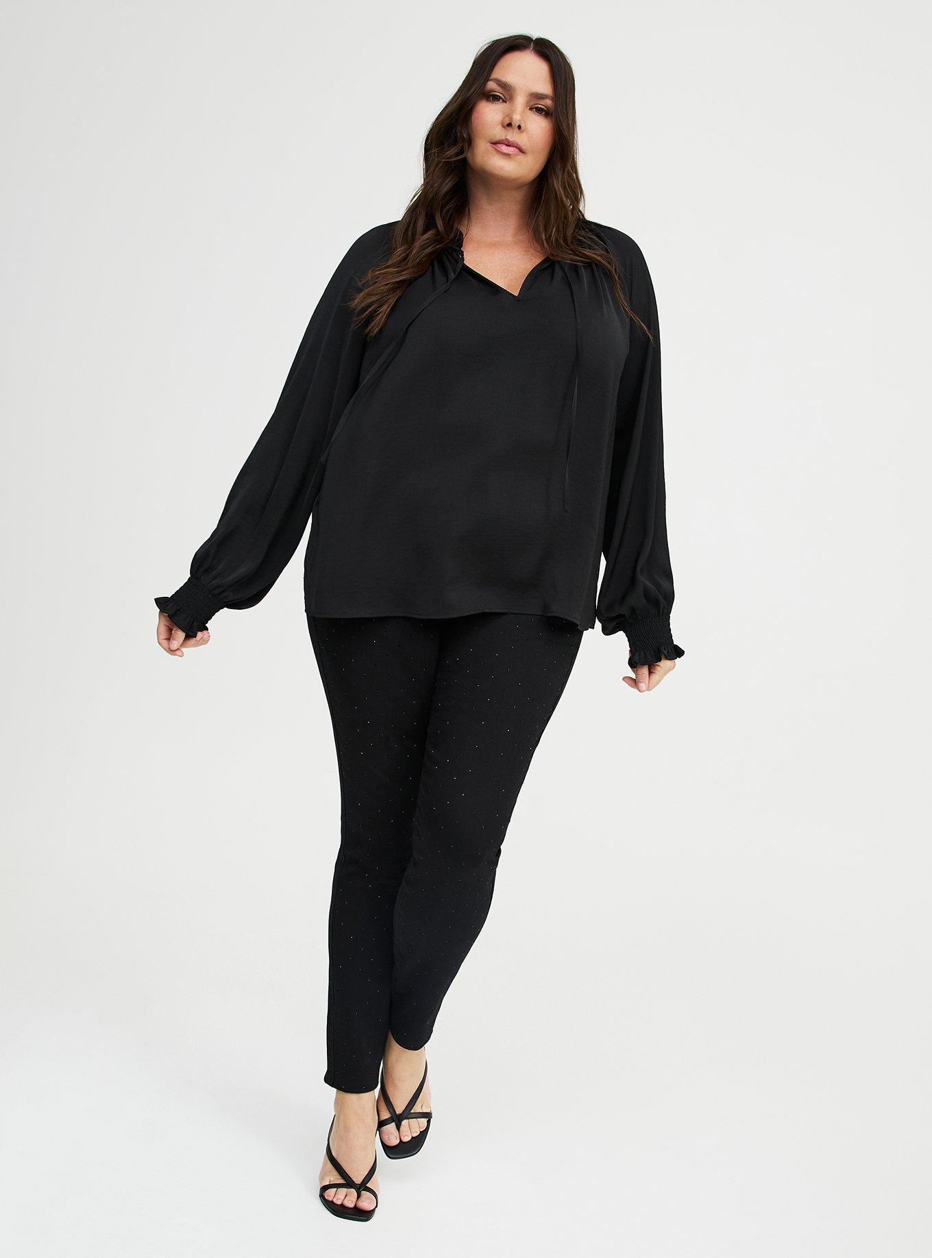 Plus Size Satin Tie-Front Peasant Blouse, DEEP BLACK, alternate