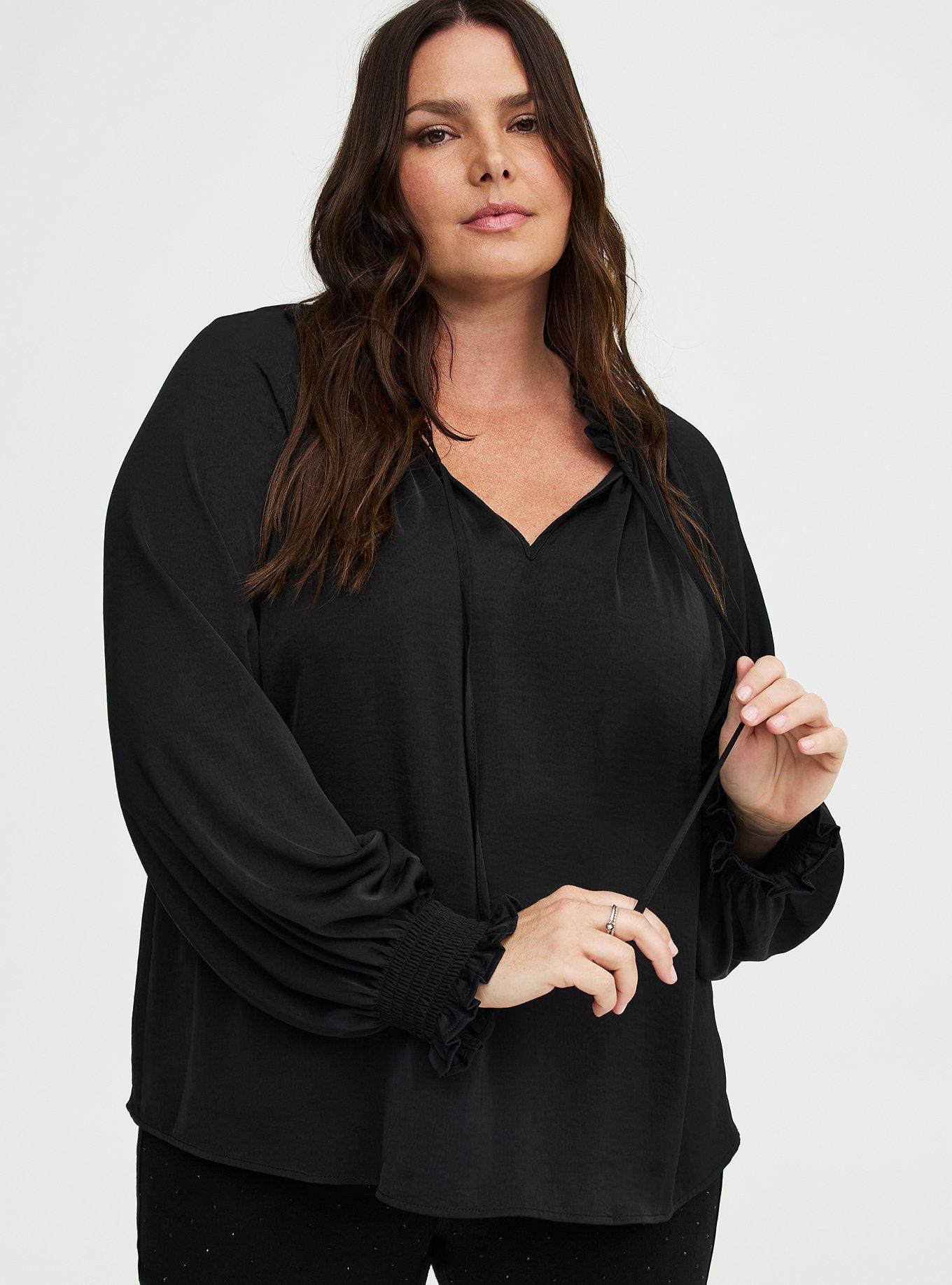 Plus Size Satin Tie-Front Peasant Blouse, DEEP BLACK, alternate