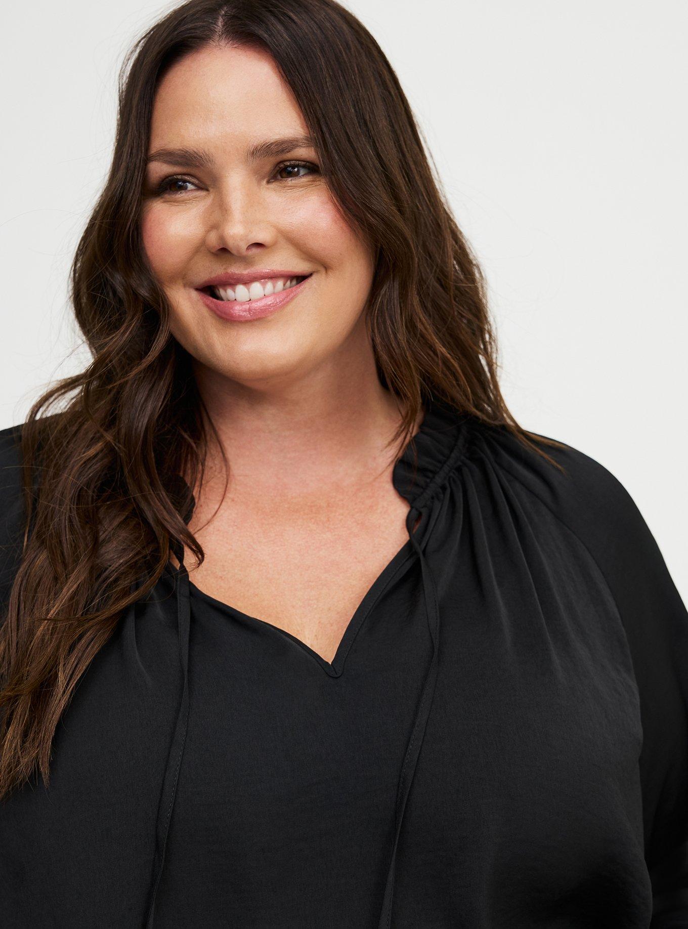 Plus Size Satin Tie-Front Peasant Blouse, DEEP BLACK, alternate