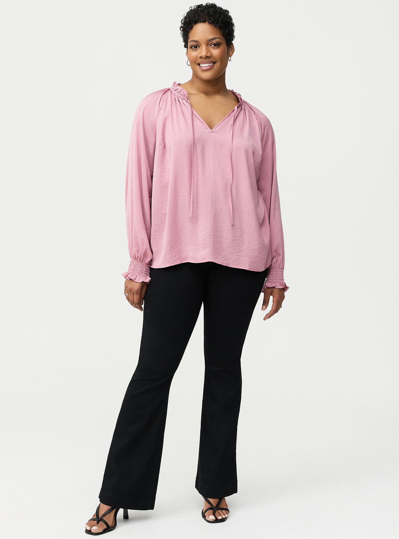 Plus Size - Satin Tie-Front Peasant Blouse - Torrid
