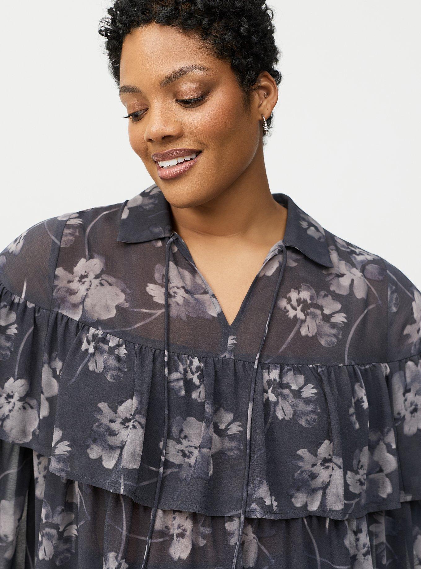 Ruffle Detail Top, REFLECTION FLORAL GREY, alternate