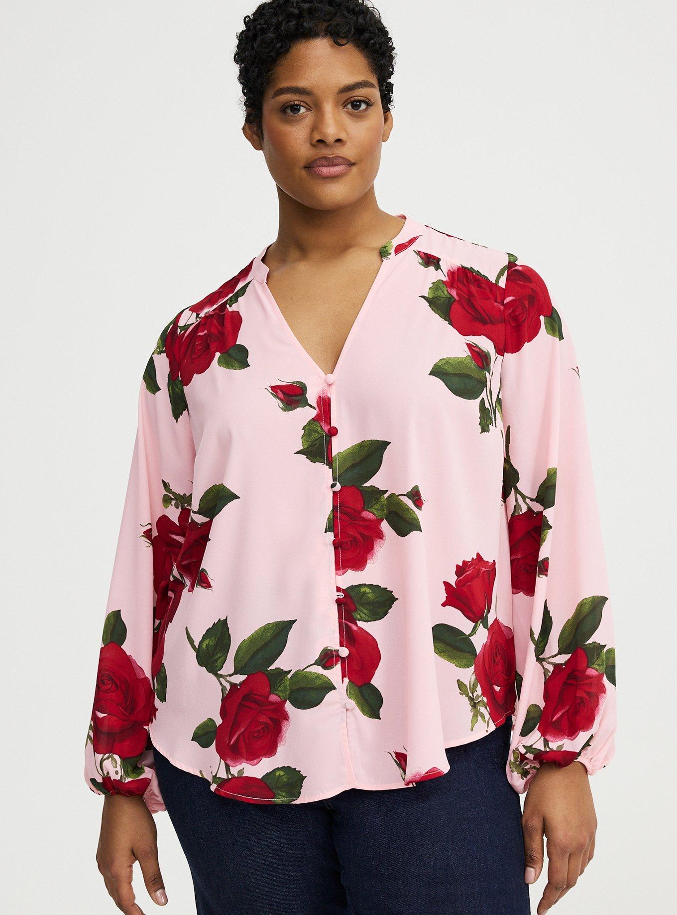 Georgette Button Front Blouse, ENCORE ROSES FLORAL PINK, hi-res