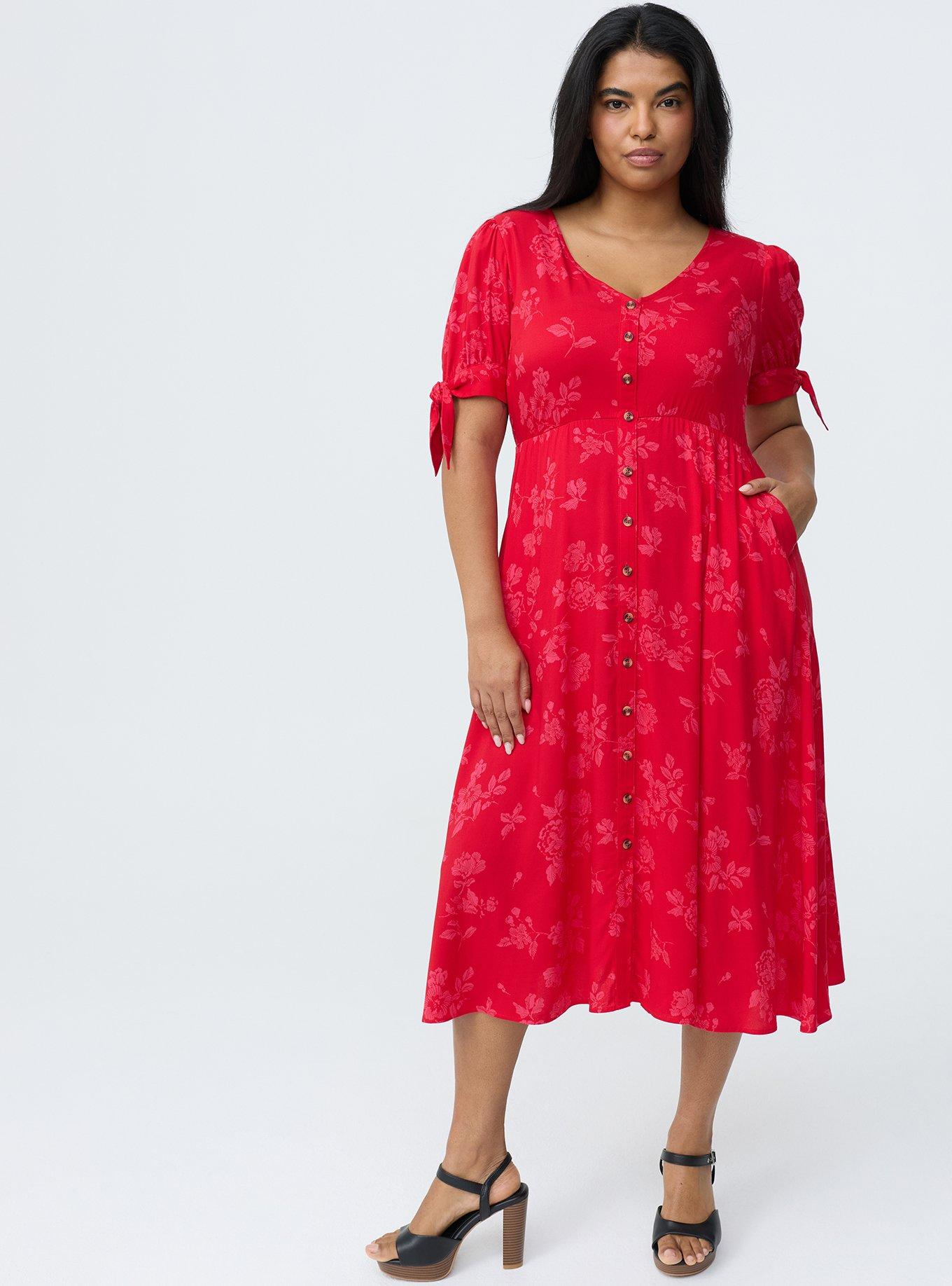 Button Down Challis Midi Dress, BECCA FLORAL RED, alternate
