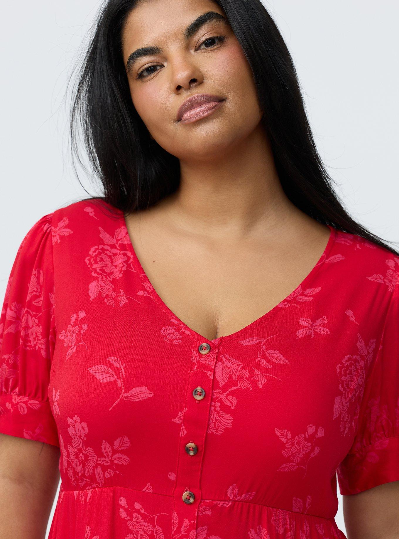 Button Down Challis Midi Dress, BECCA FLORAL RED, alternate