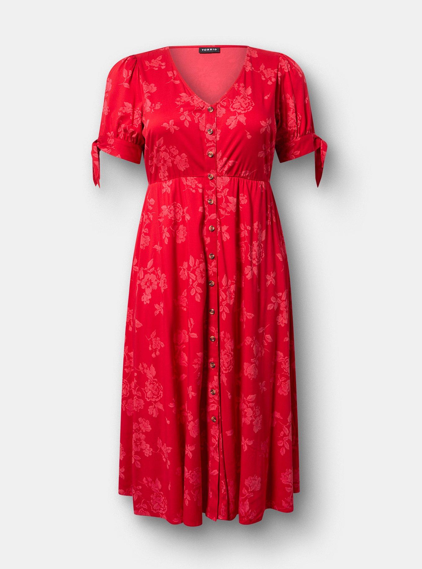Button Down Challis Midi Dress, BECCA FLORAL RED, hi-res