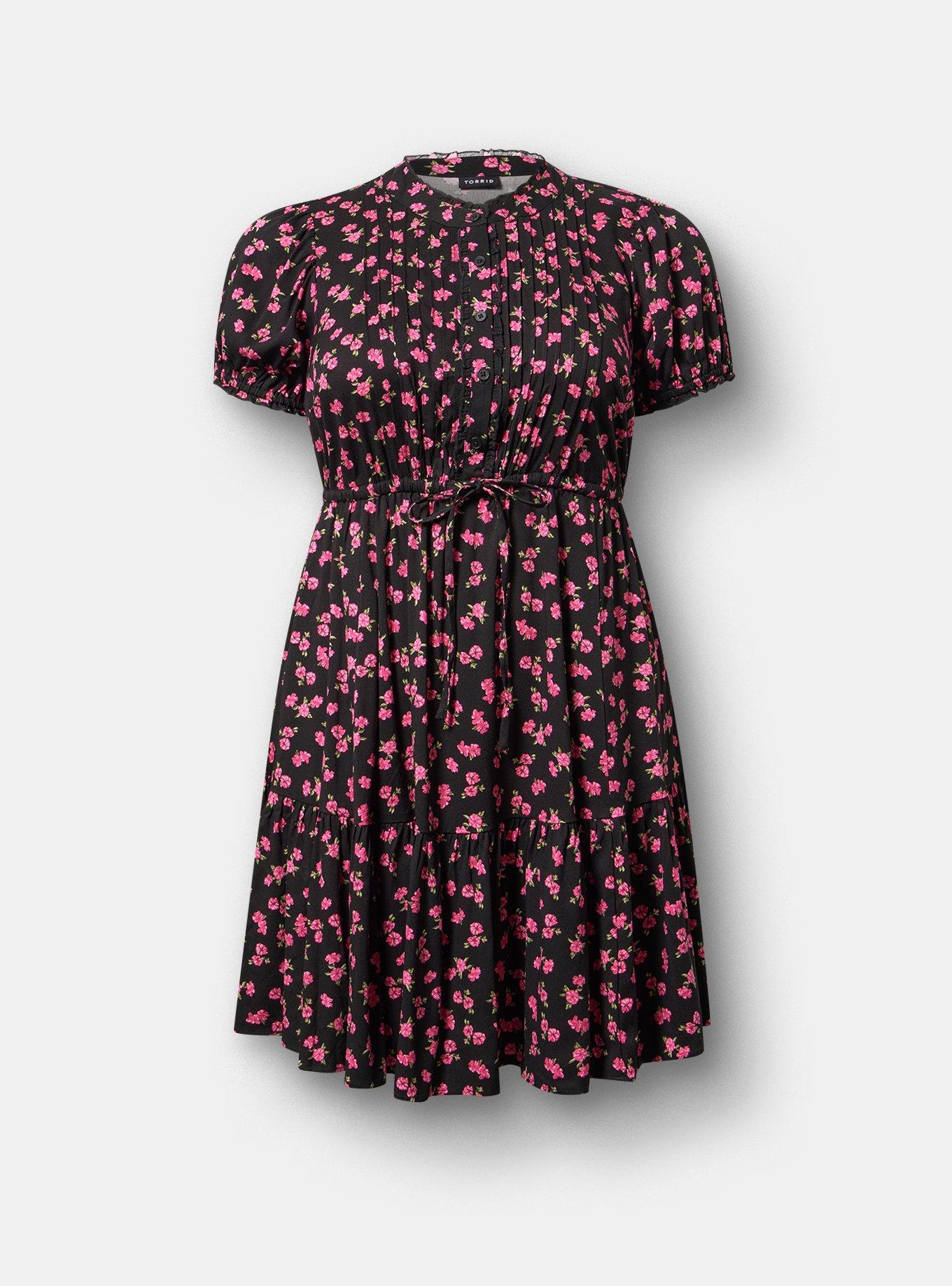 Tiered Challis Mini Dress, JENNA FLORAL BLACK, hi-res