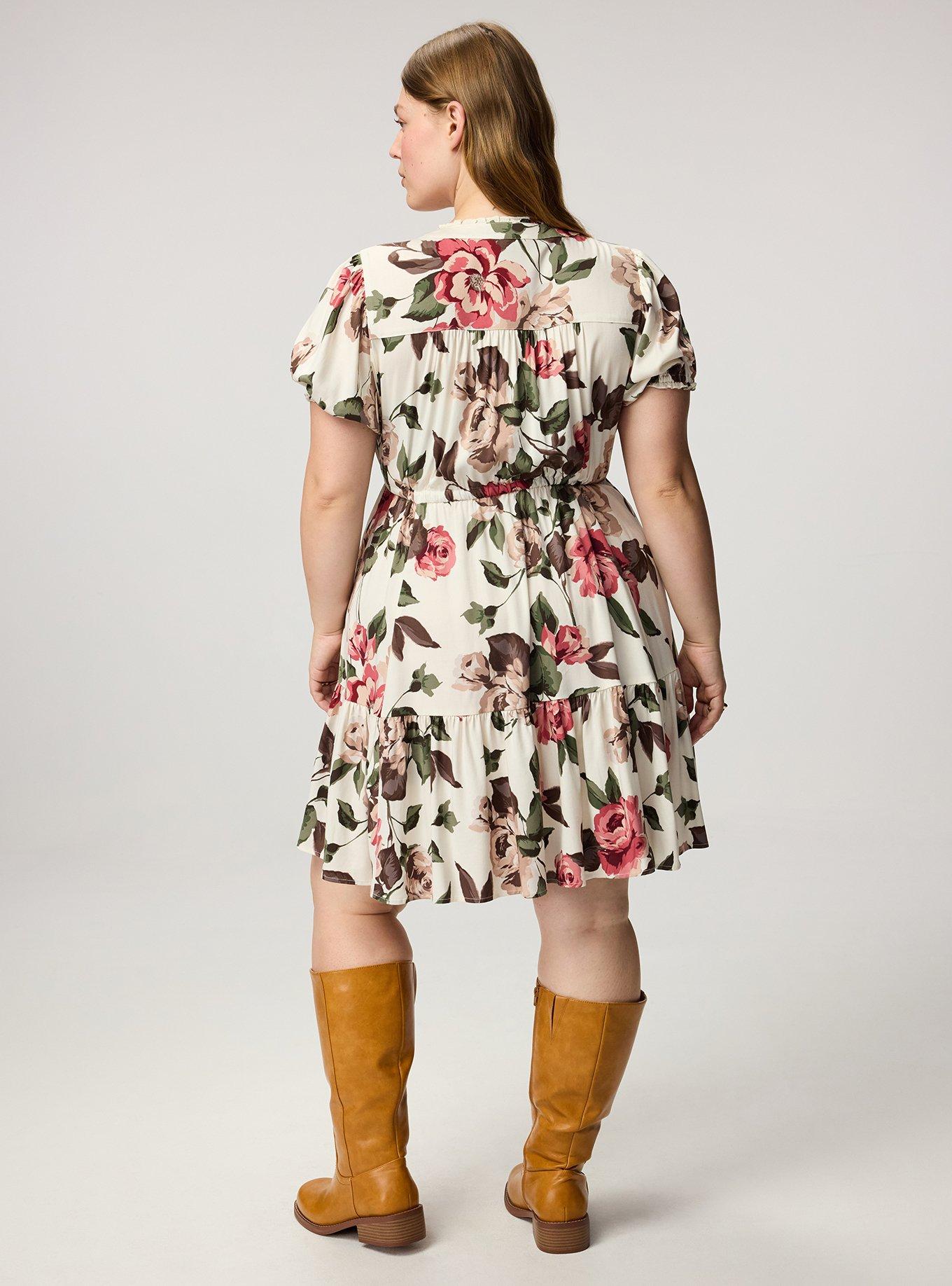 Tiered Challis Mini Dress, PAINTED PEONY FLORAL IVORY, alternate
