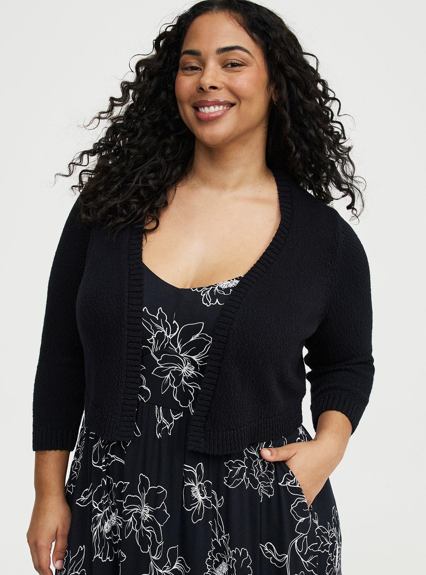 3/4 Sleeve Cropped Shrug, DEEP BLACK, alternate