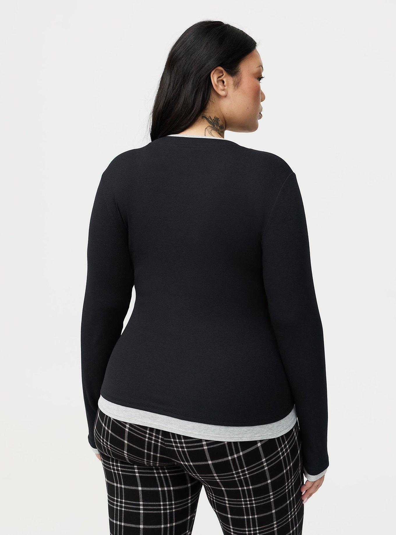 Cotton Modal Rib 2fer Layering Long Sleeve Tee, DEEP BLACK, alternate